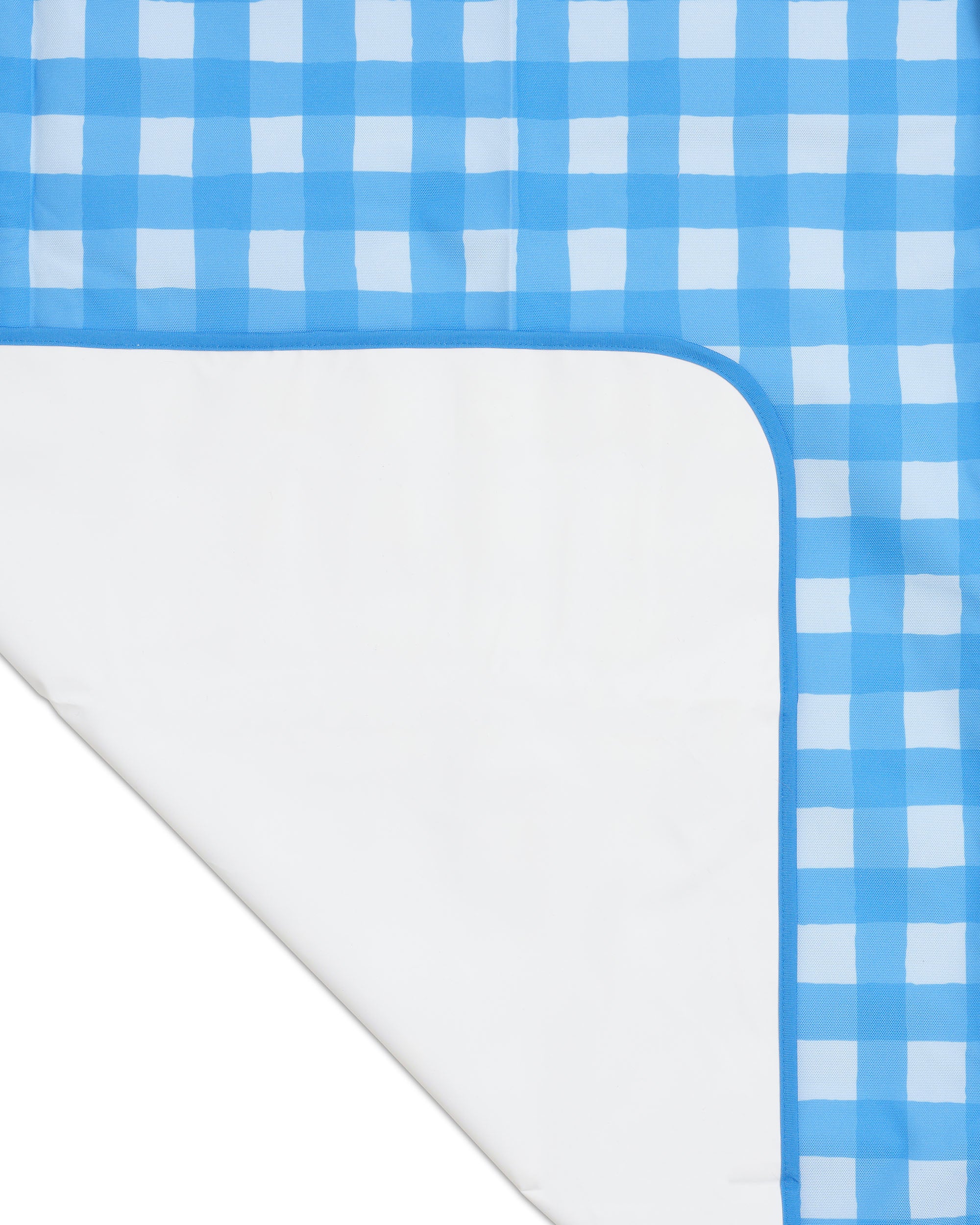 Skoot blue gingham picnic size mat detail and underside flipped corner