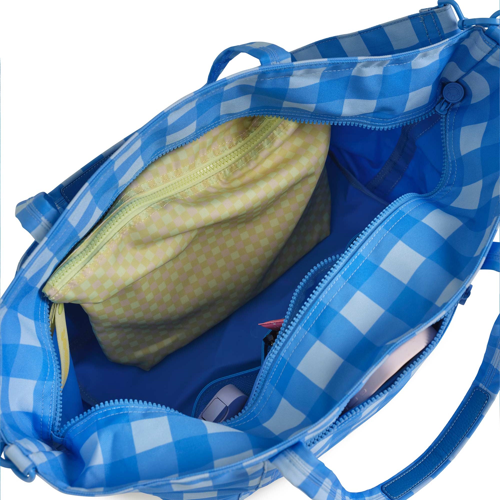 blue gingham skoot tote bag inside pockets