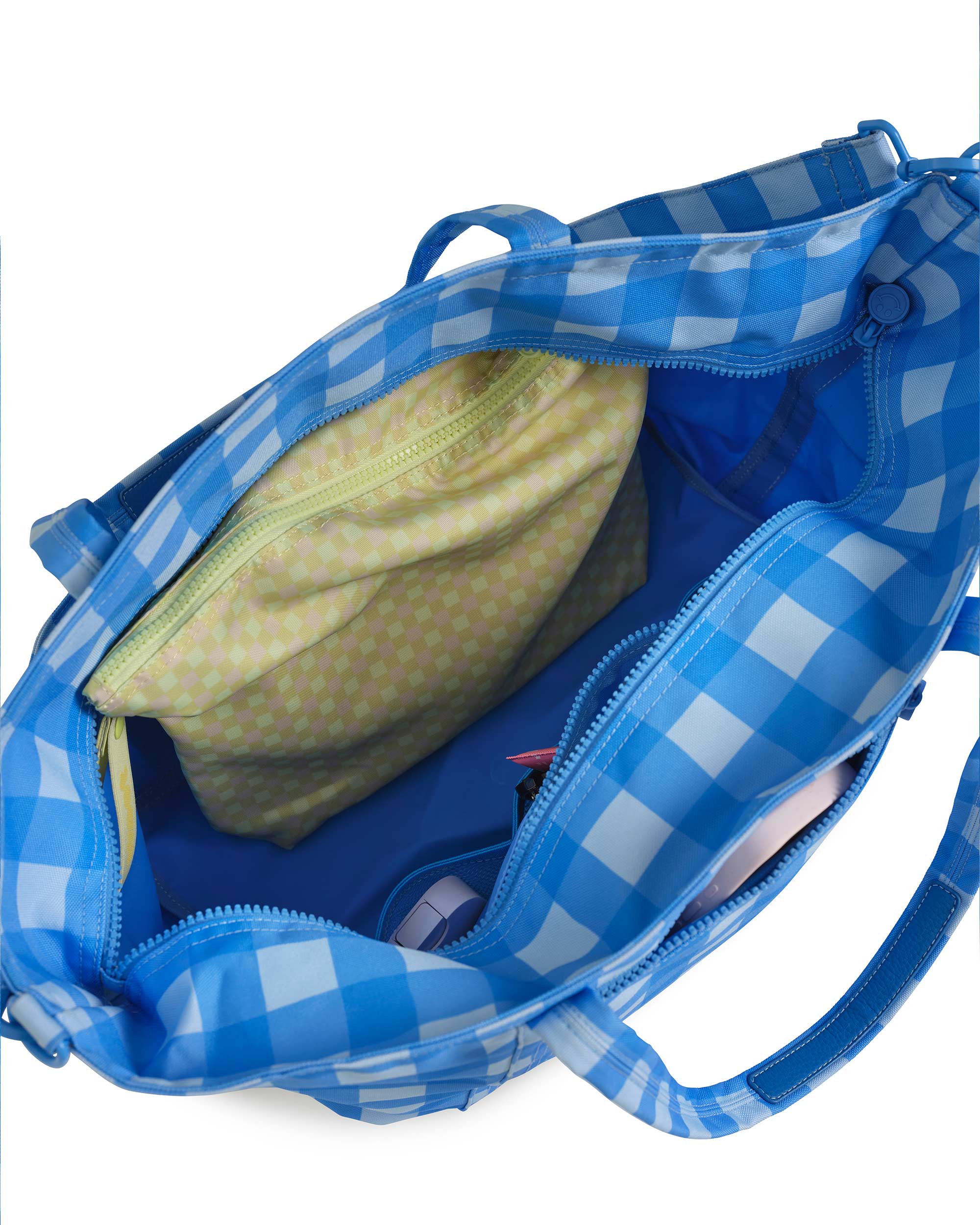 blue gingham skoot tote bag inside pockets