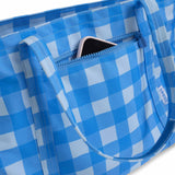 skoot blue gingham tote back zipper phone pocket
