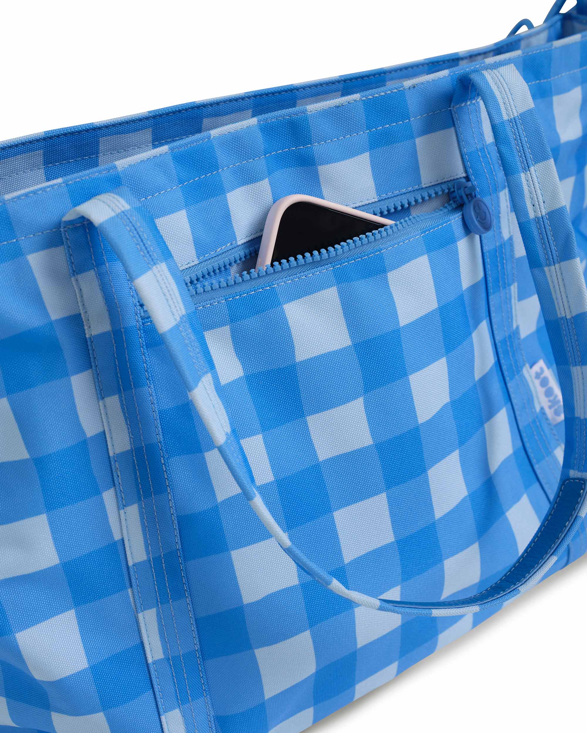 skoot blue gingham tote back zipper phone pocket