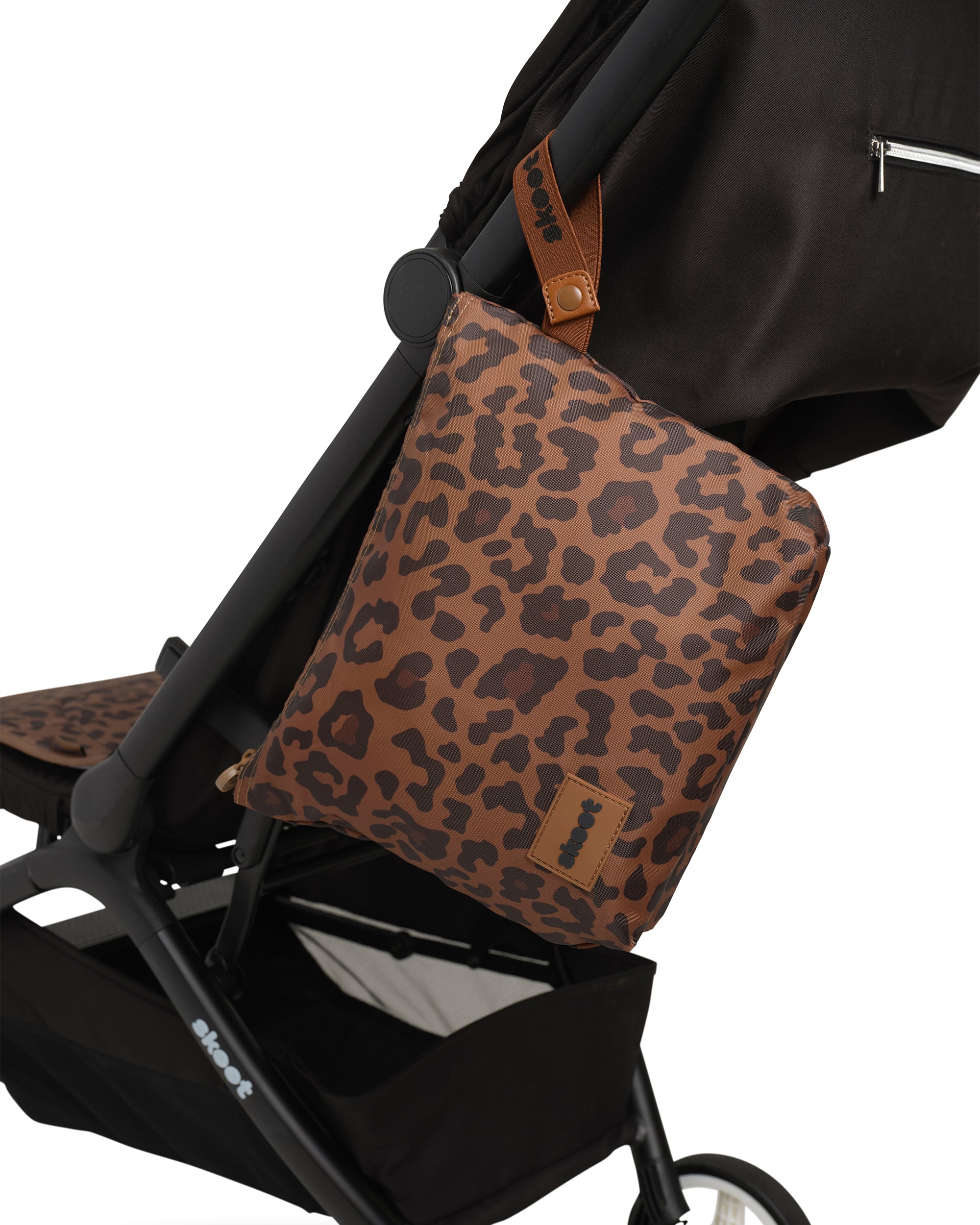skoot leopard diaper caddy zip pouch hanging from stroller