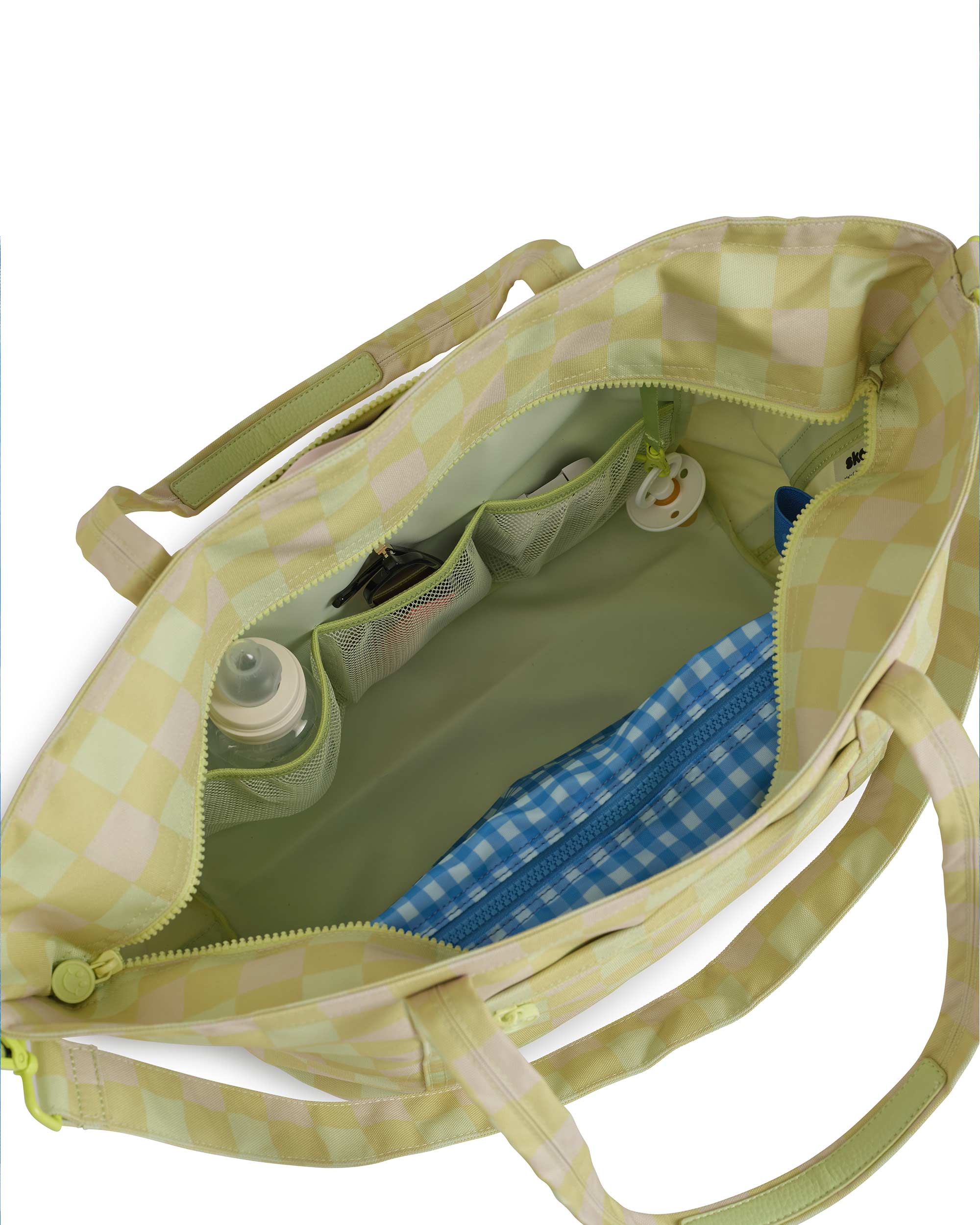 green gingham skoot tote bag inside pockets