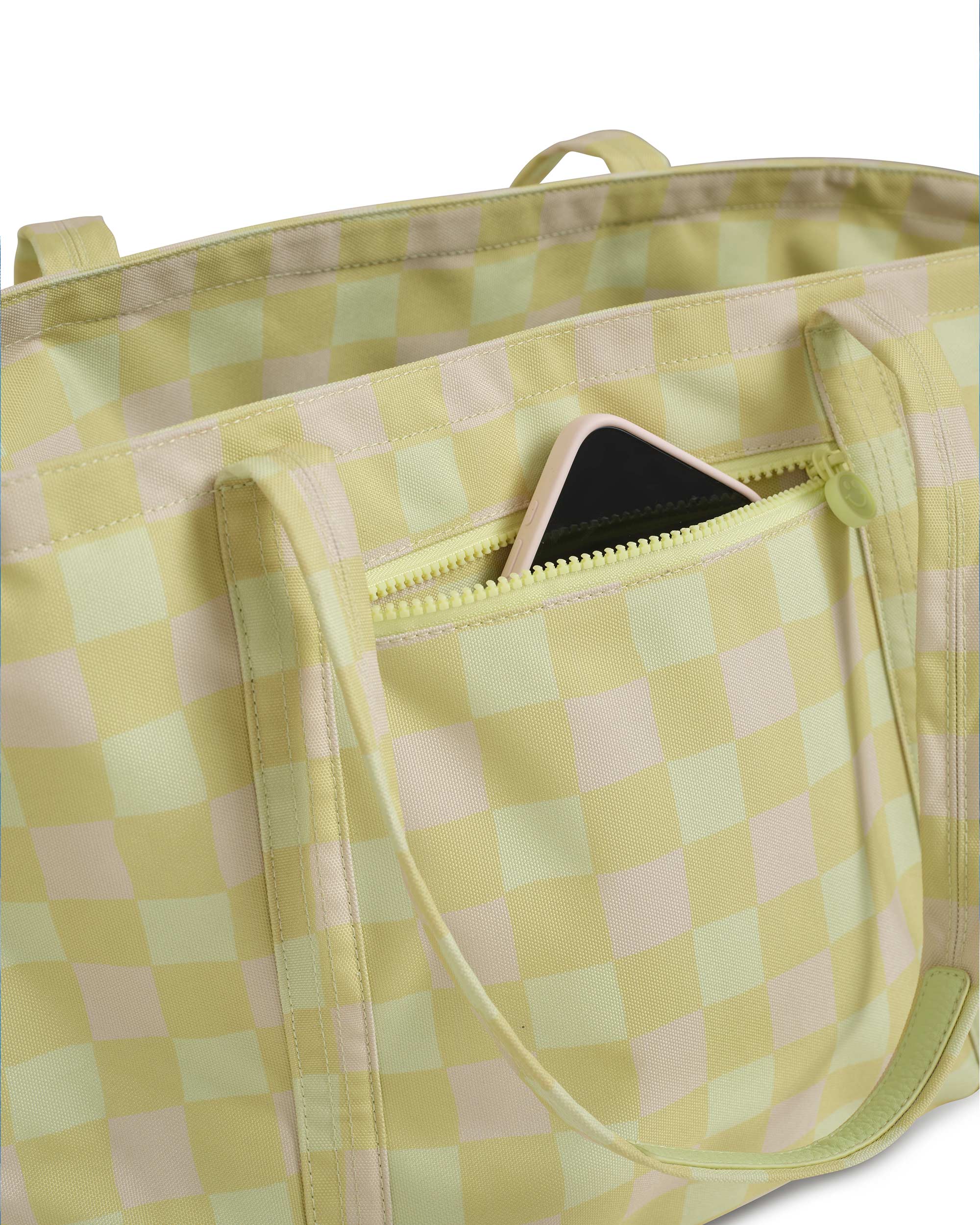 skoot green gingham tote back zipper phone pocket