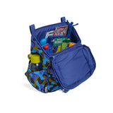 skoot blue camo kids backpack outside unzipped filled up with kids toys