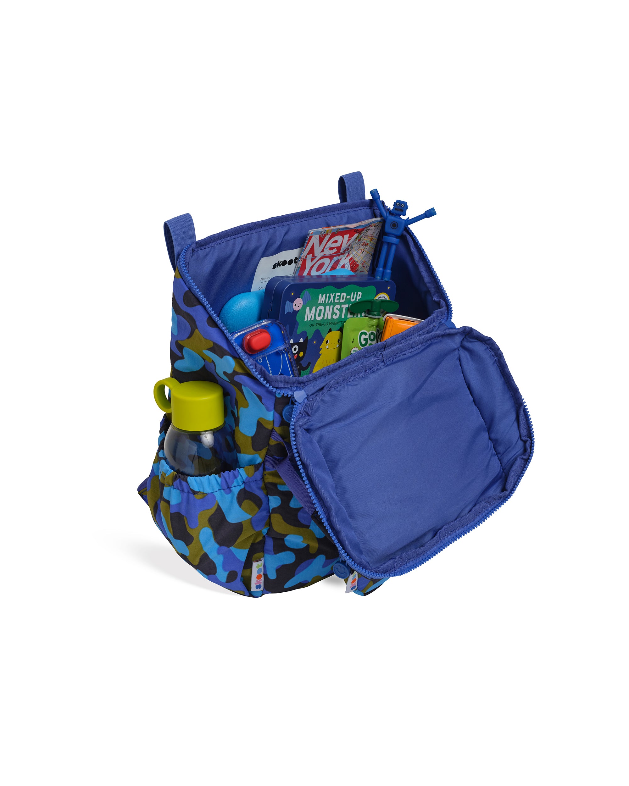 skoot blue camo kids backpack outside unzipped filled up with kids toys