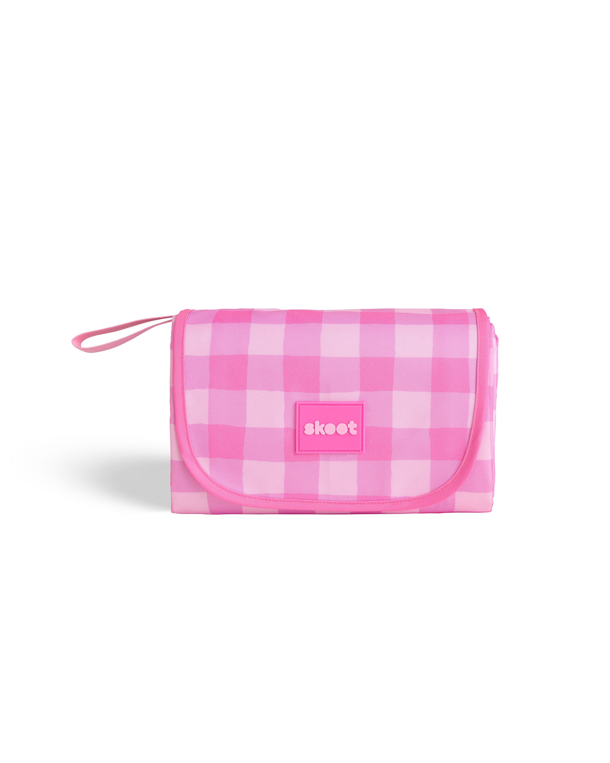 Skoot pink gingham picnic size mat folded down