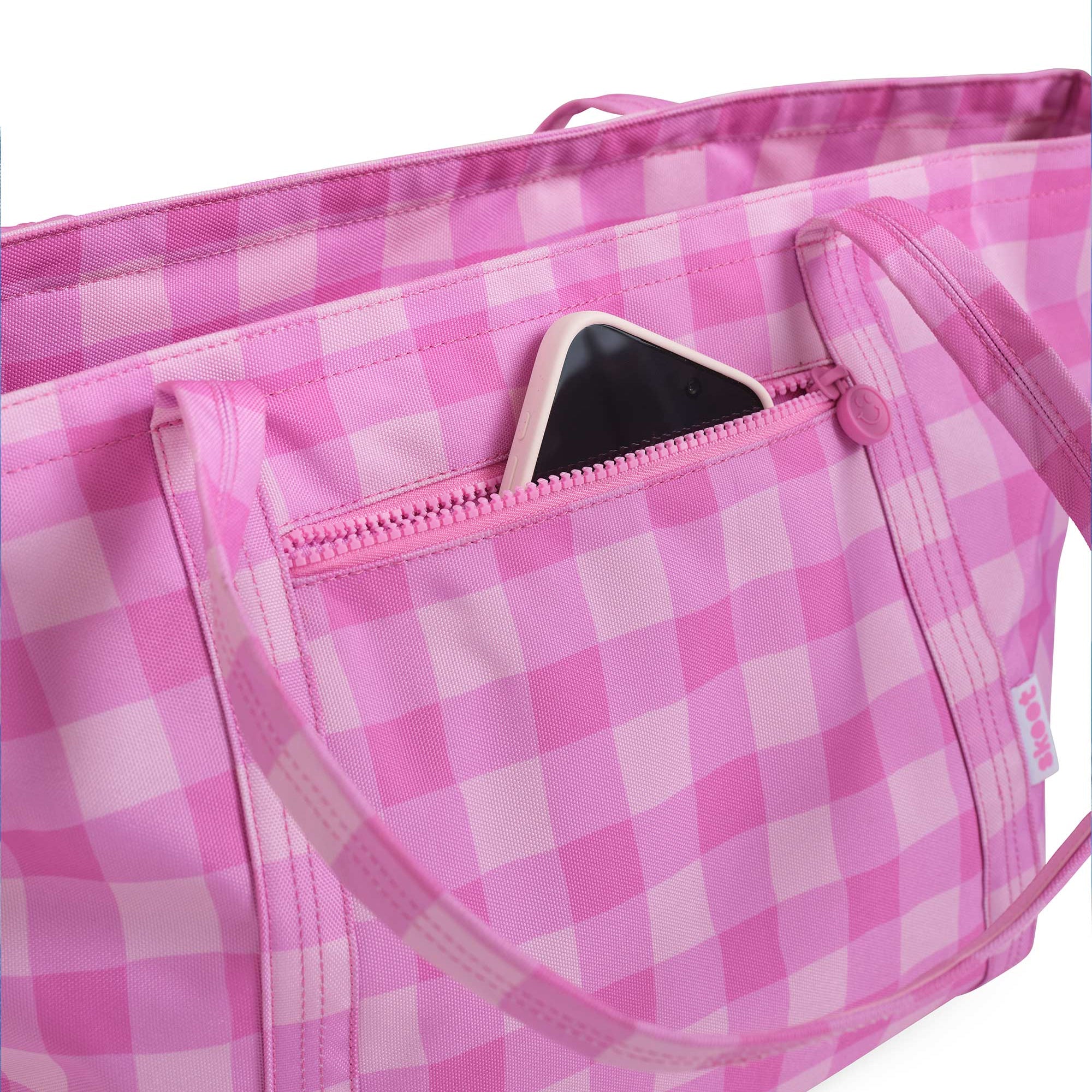 skoot pink gingham tote back zipper phone pocket