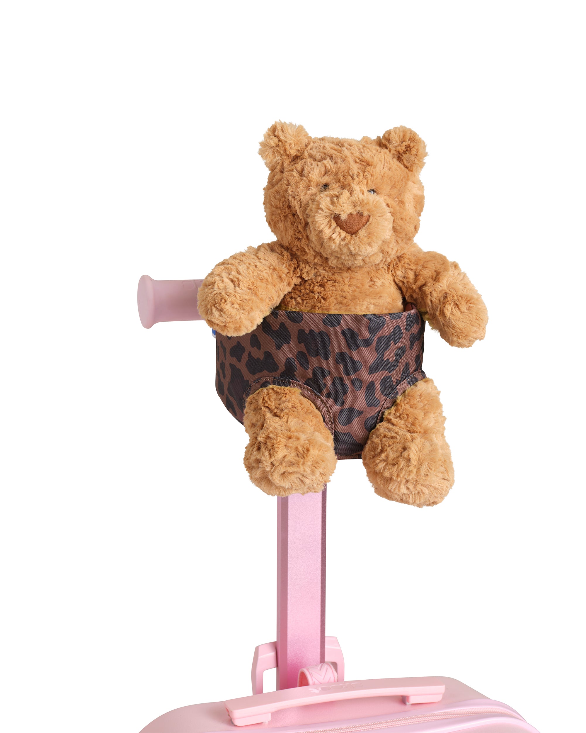 leopard pattern skoot skootcase doll carrier front shot with stuffed animal