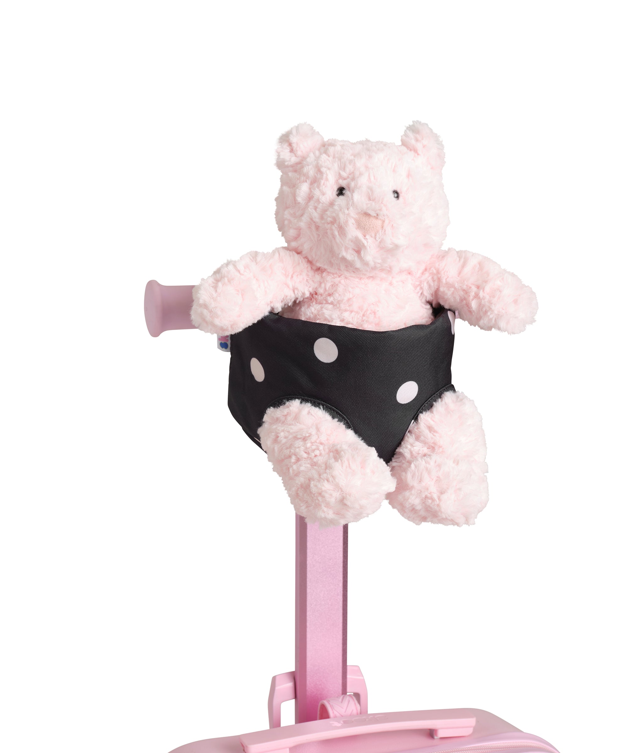 polka dot pattern skoot skootcase doll carrier front shot with stuffed animal
