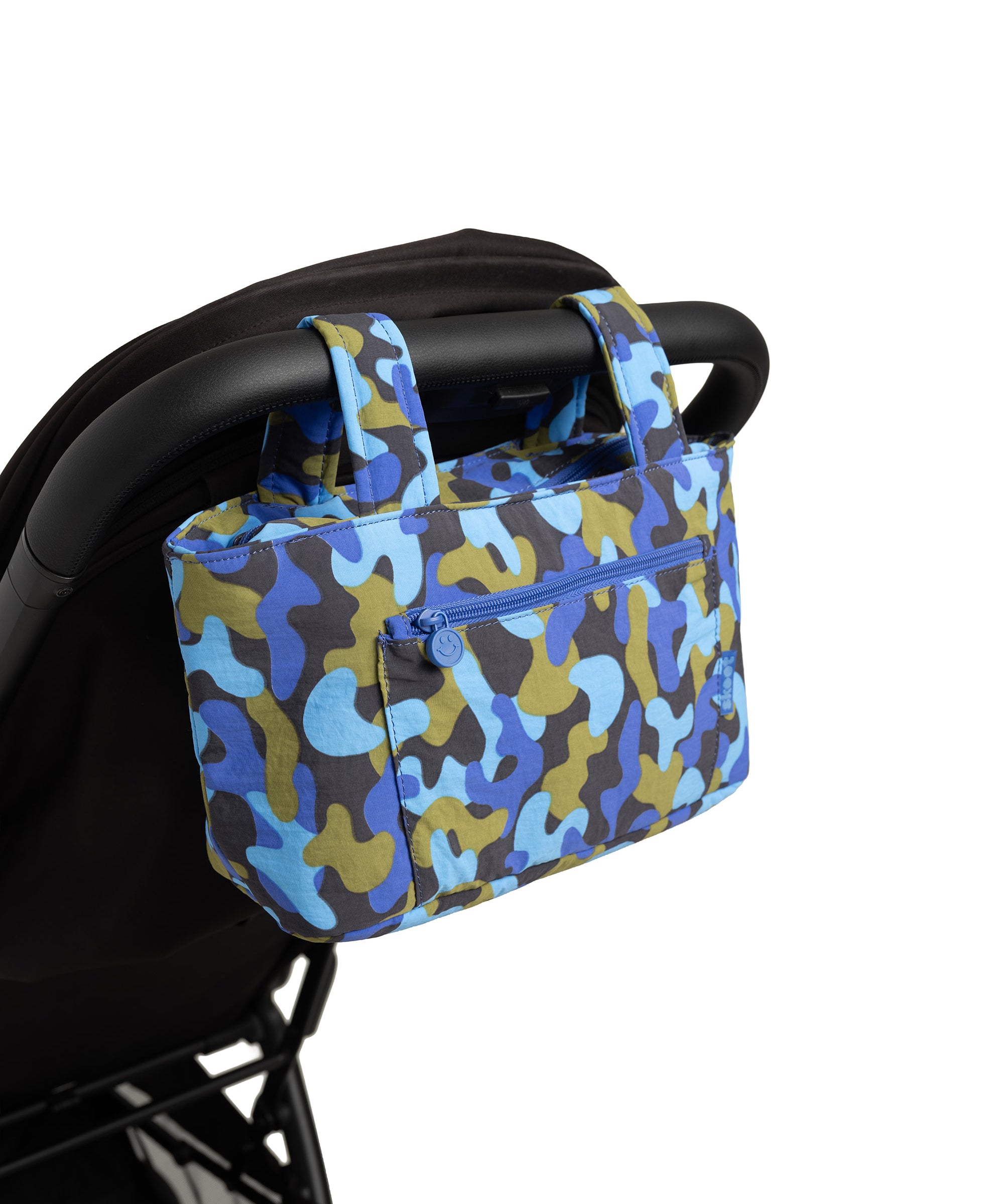 blue camo skoot stroller caddy attached to a stroller