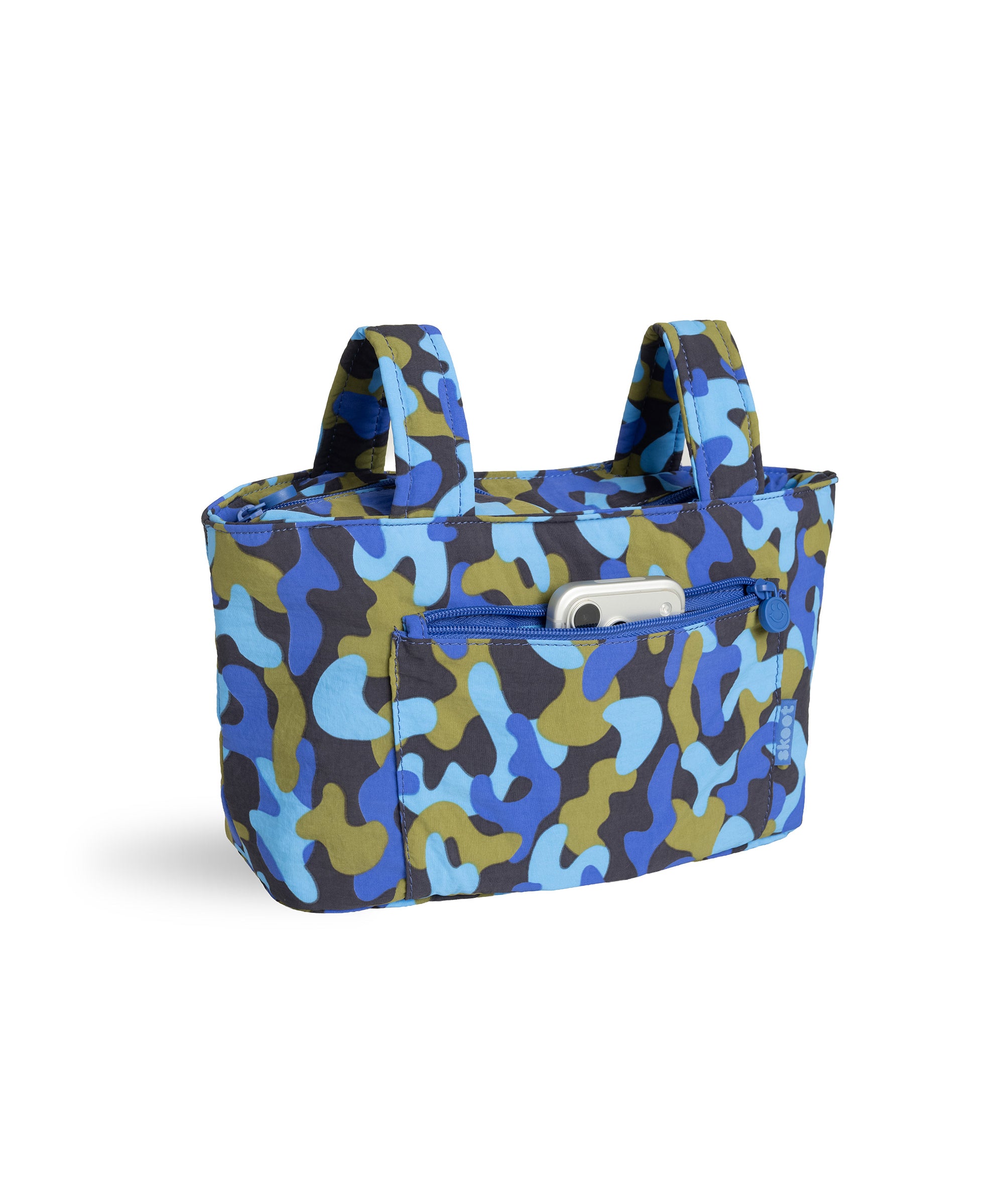 blue camo skoot stroller caddy full front shot unzipped