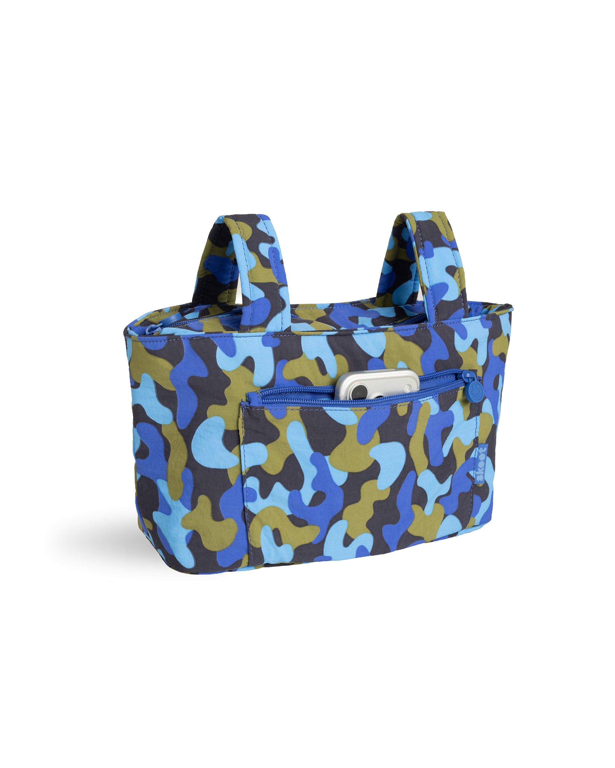 blue camo skoot stroller caddy full front shot unzipped