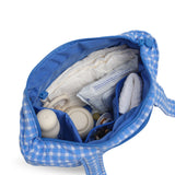 blue gingham skoot stroller caddy inside packed compartments