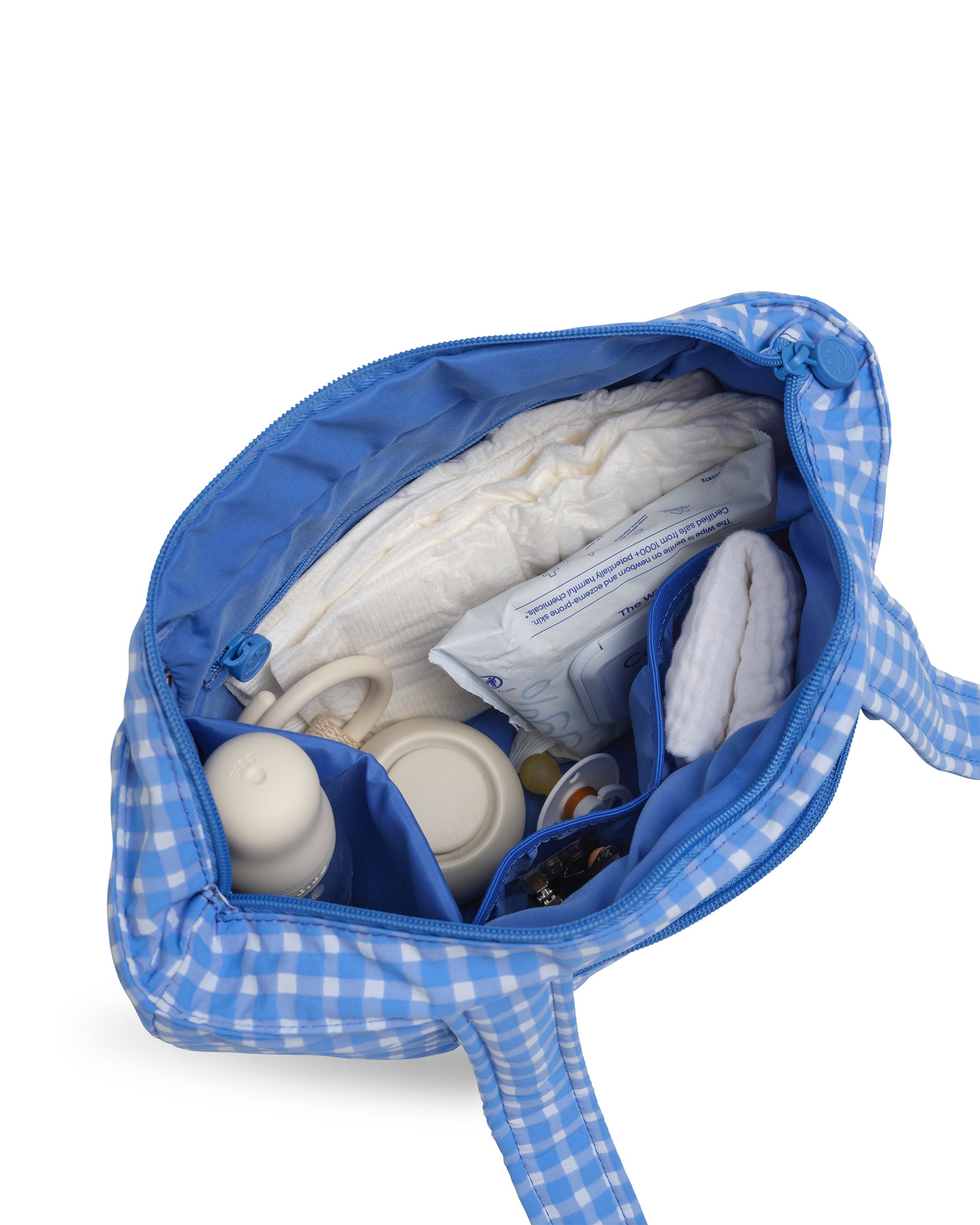 blue gingham skoot stroller caddy inside packed compartments