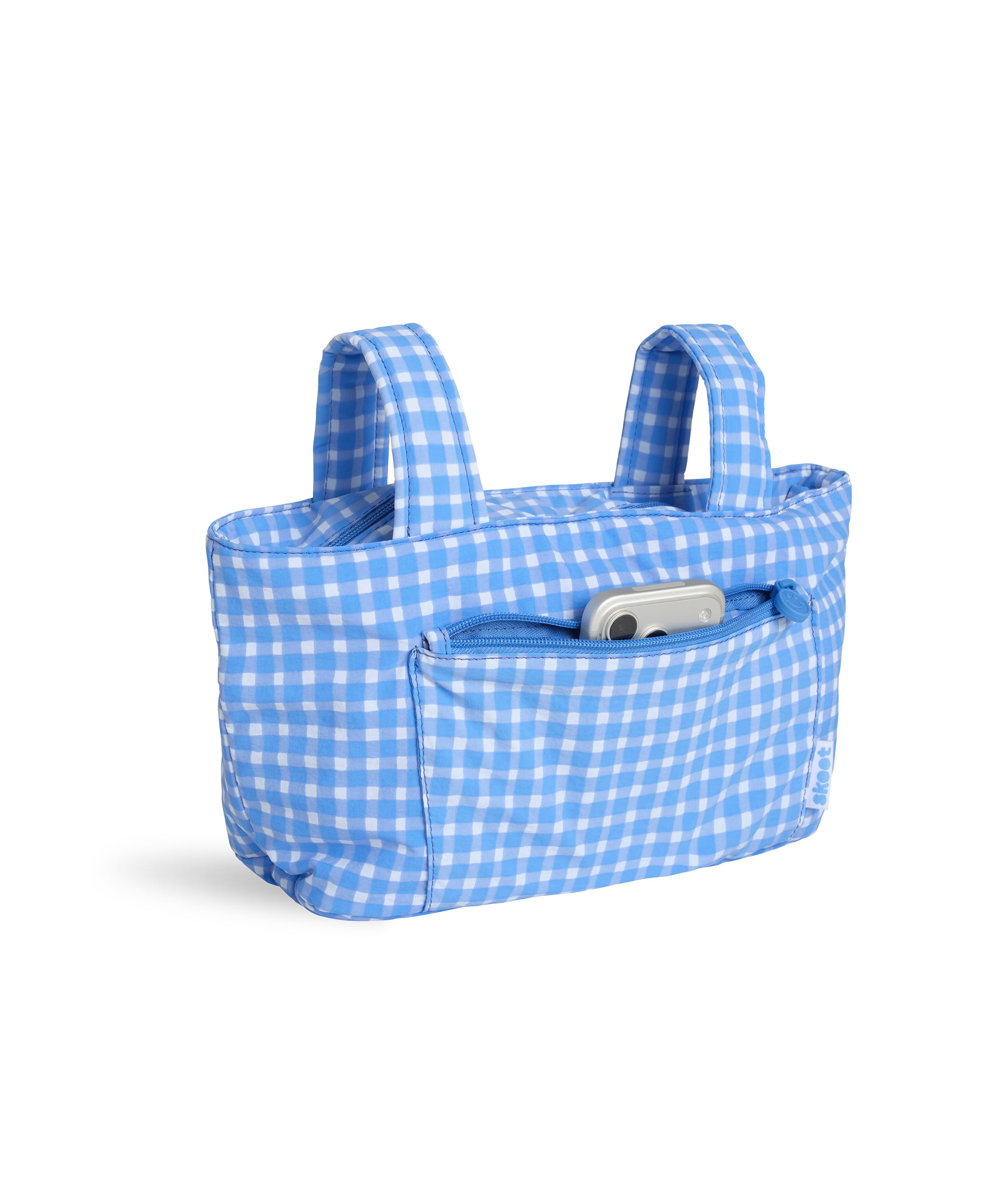 blue gingham skoot stroller caddy full front shot unzipped
