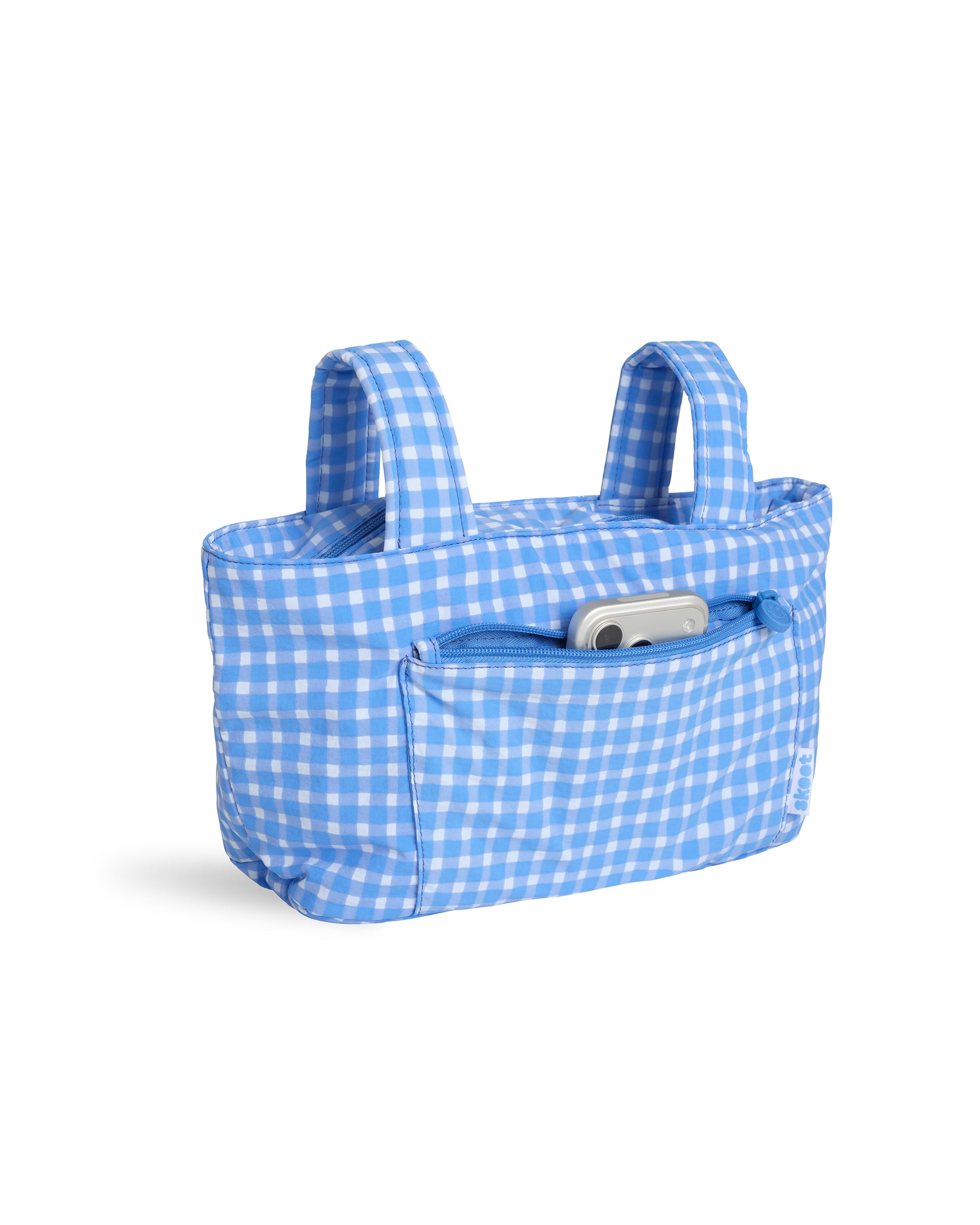 blue gingham skoot stroller caddy full front shot unzipped