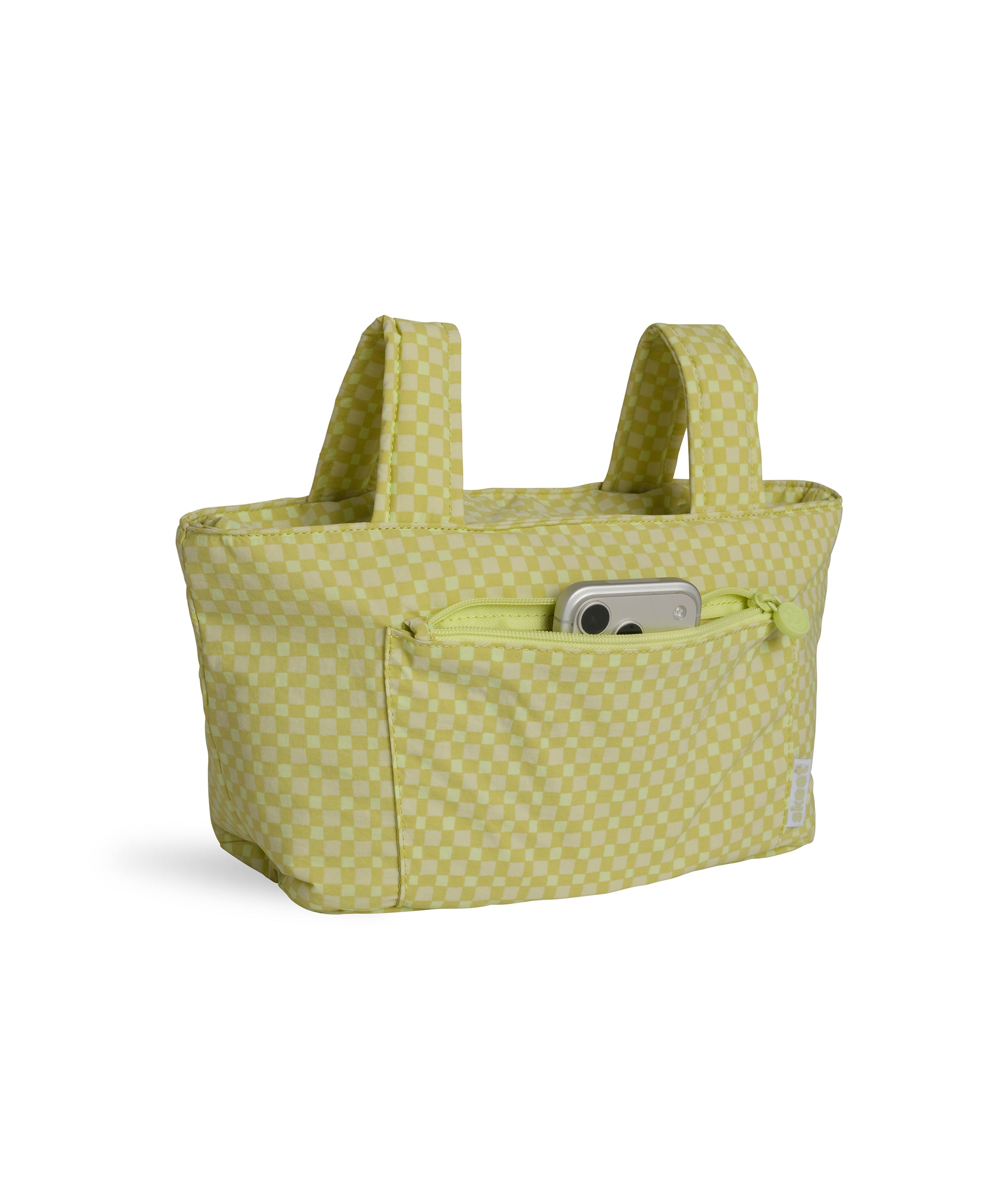 green gingham skoot stroller caddy full front shot unzipped