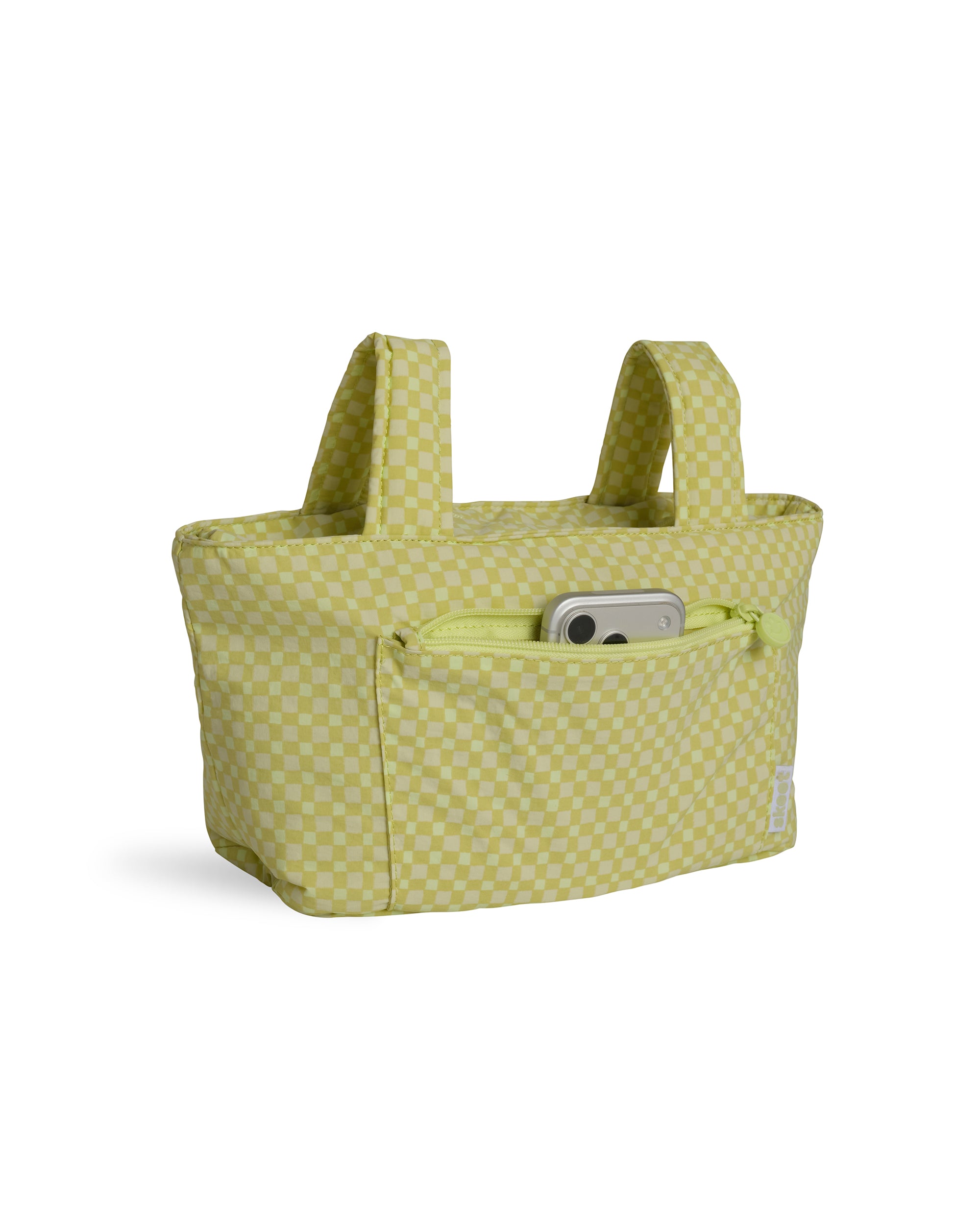 green gingham skoot stroller caddy full front shot unzipped