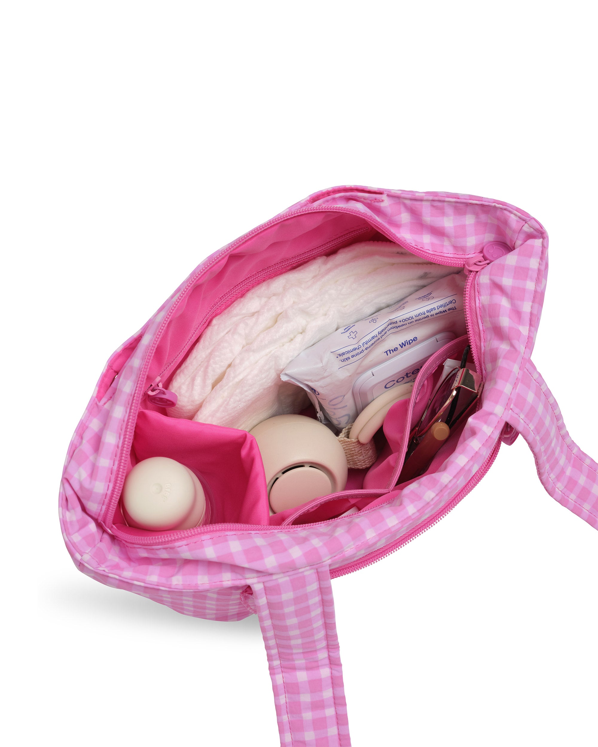 pink gingham skoot stroller caddy inside packed compartments
