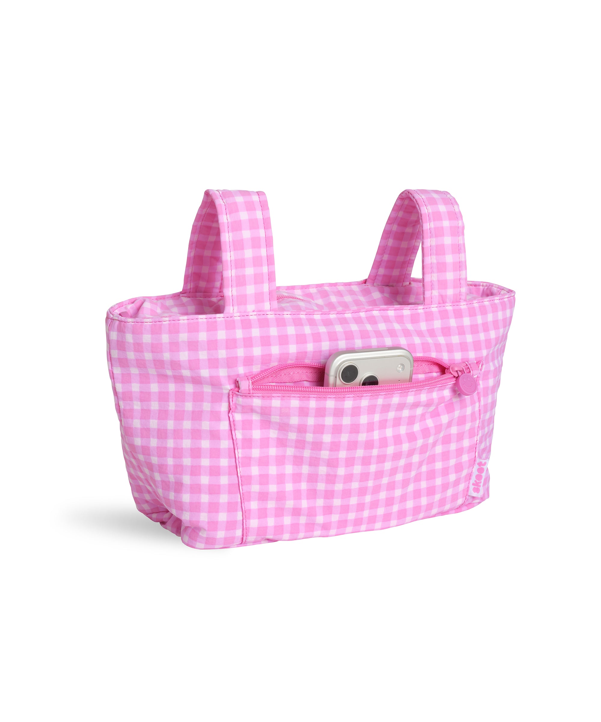 pink gingham skoot stroller caddy full front shot unzipped