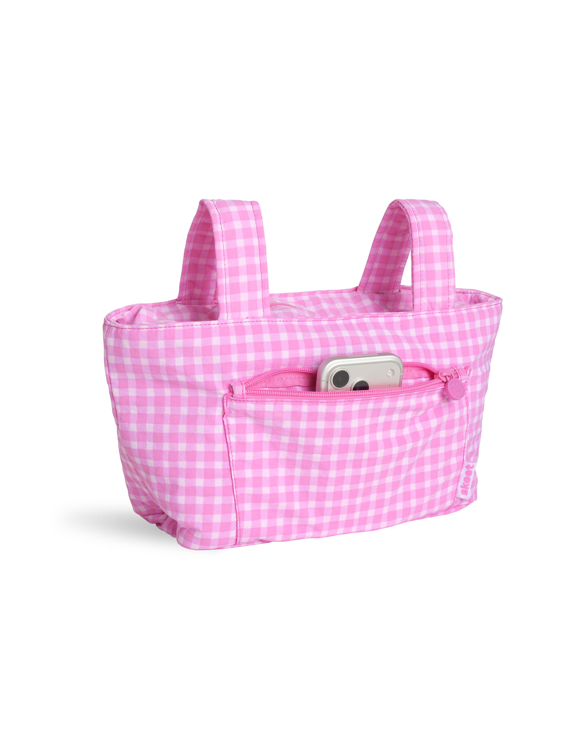 pink gingham skoot stroller caddy full front shot unzipped