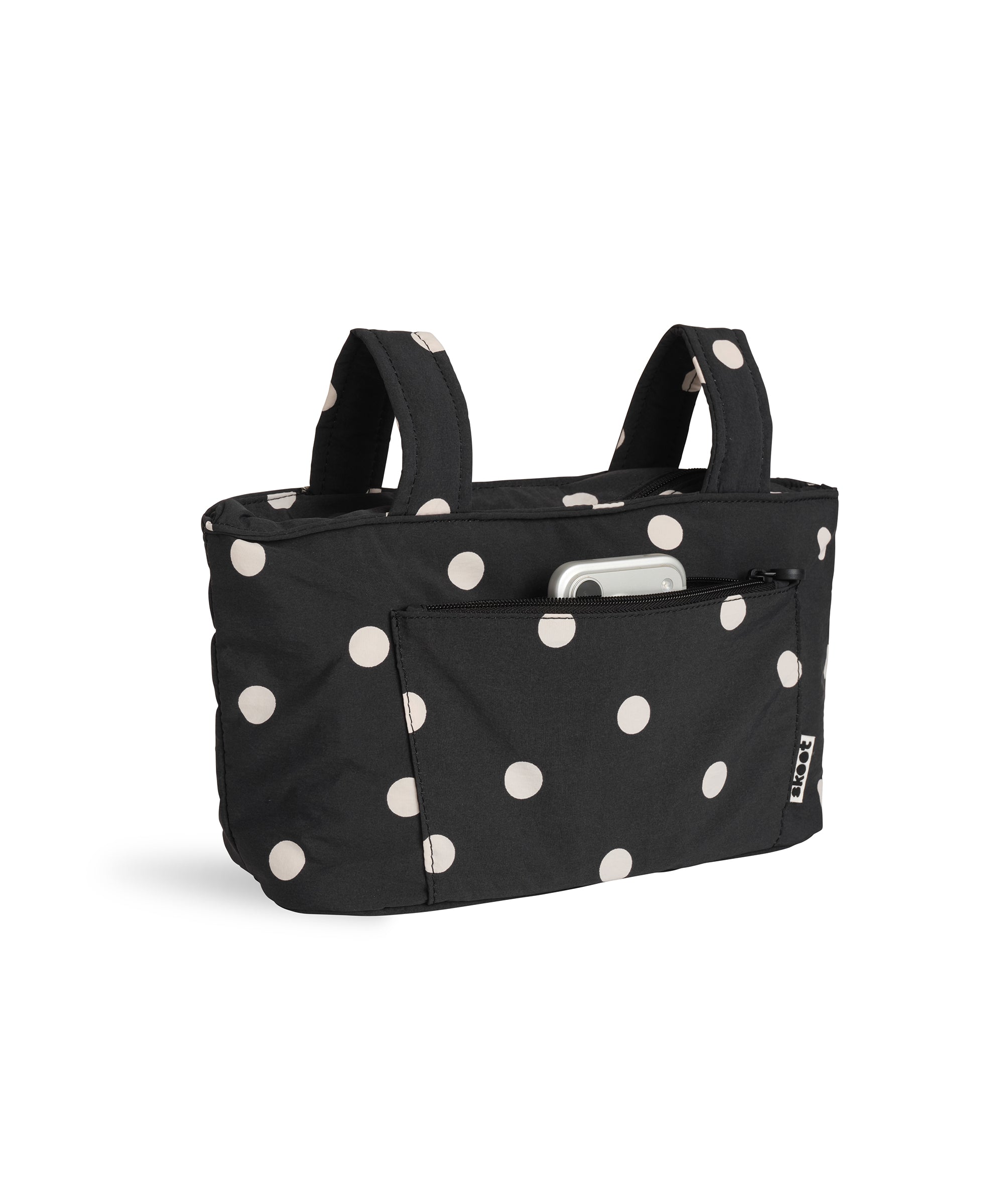polka dot skoot stroller caddy full front shot unzipped
