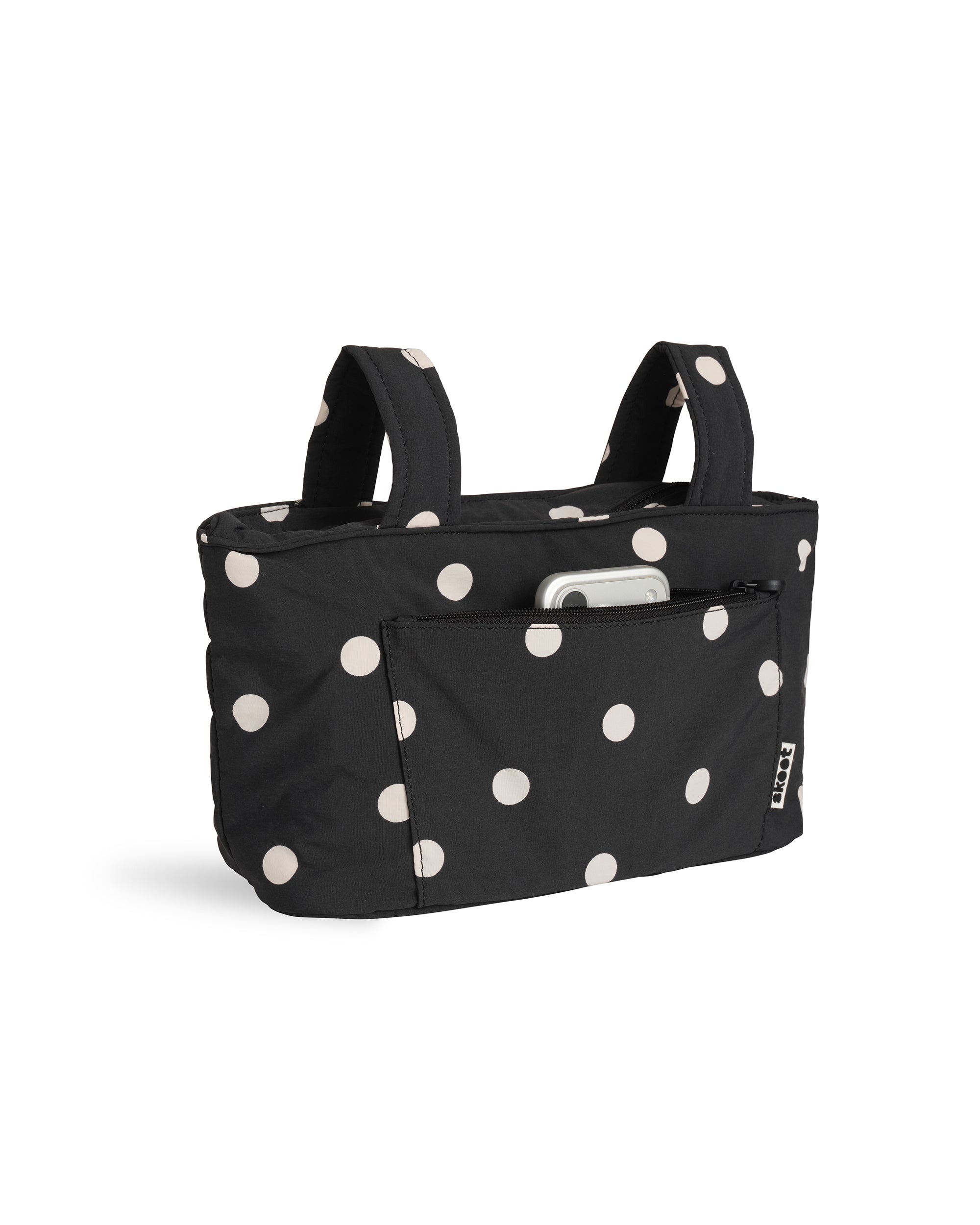 polka dot skoot stroller caddy full front shot unzipped