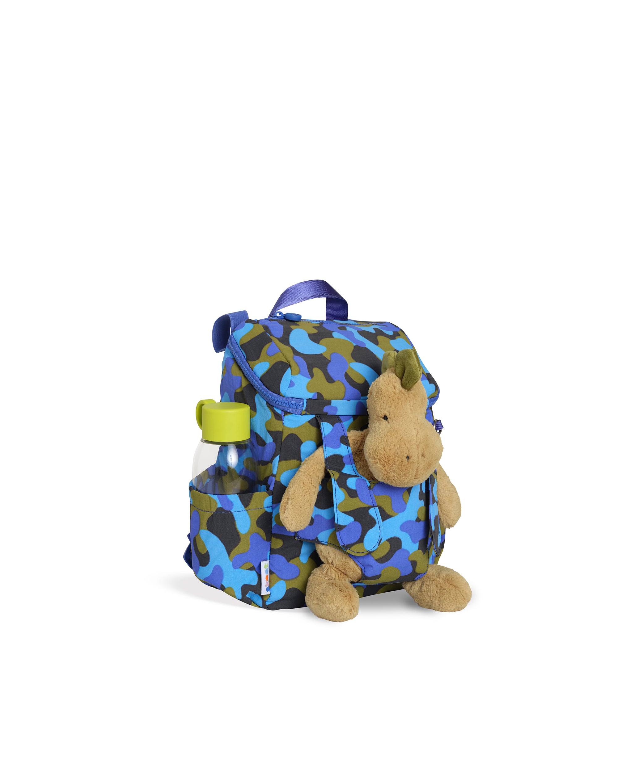 skoot toddler backpack blue camo angle stuffed