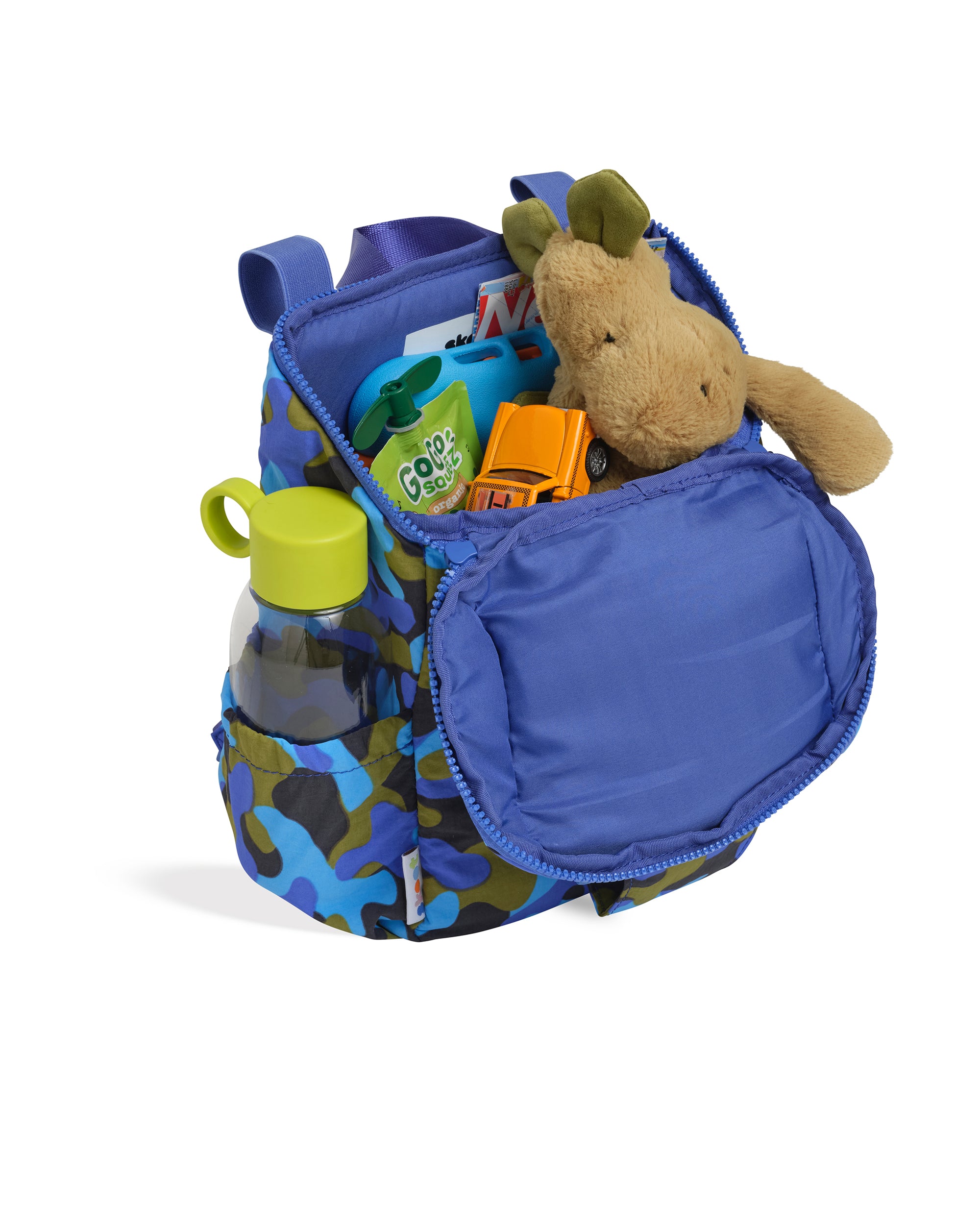 skoot toddler backpack blue camo angled open full