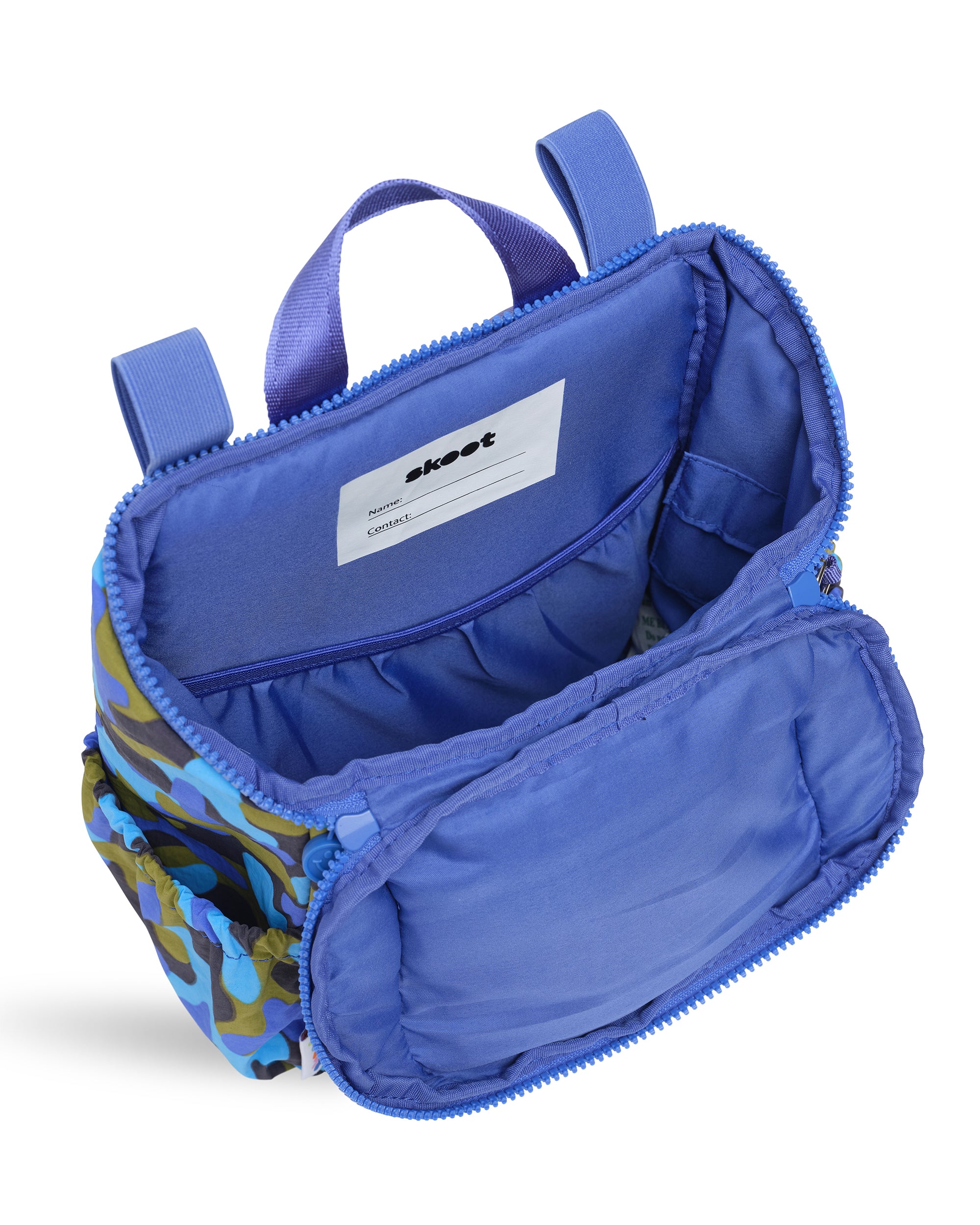 skoot toddler backpack blue camo inside detail