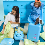 mother and child packing with the skoot sky blue and go green packing cubes pink gingham blue/green gingham jet blue puff pink pop pink