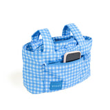 blue gingham skoot stroller caddy full front shot unzipped