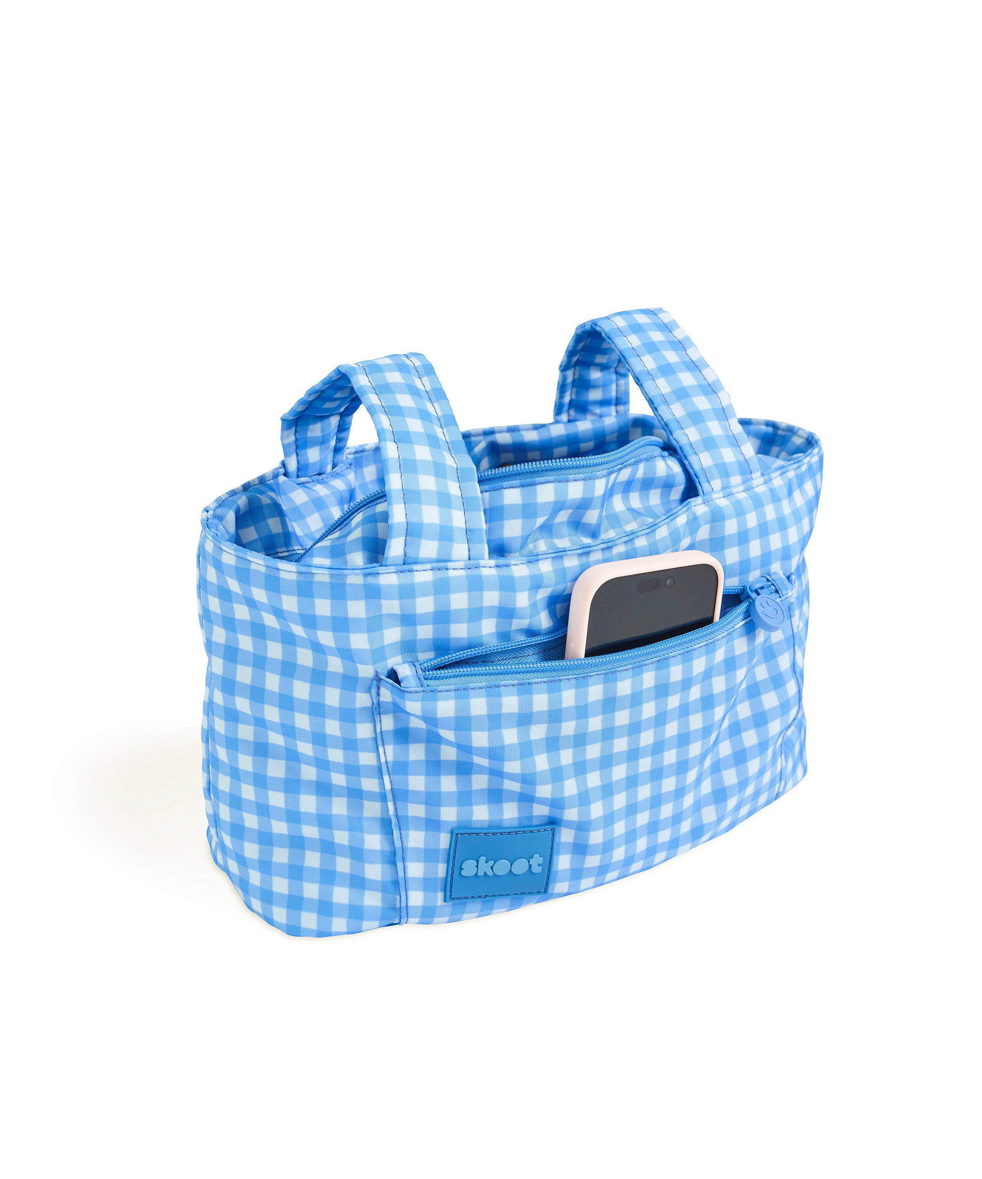 blue gingham skoot stroller caddy full front shot unzipped