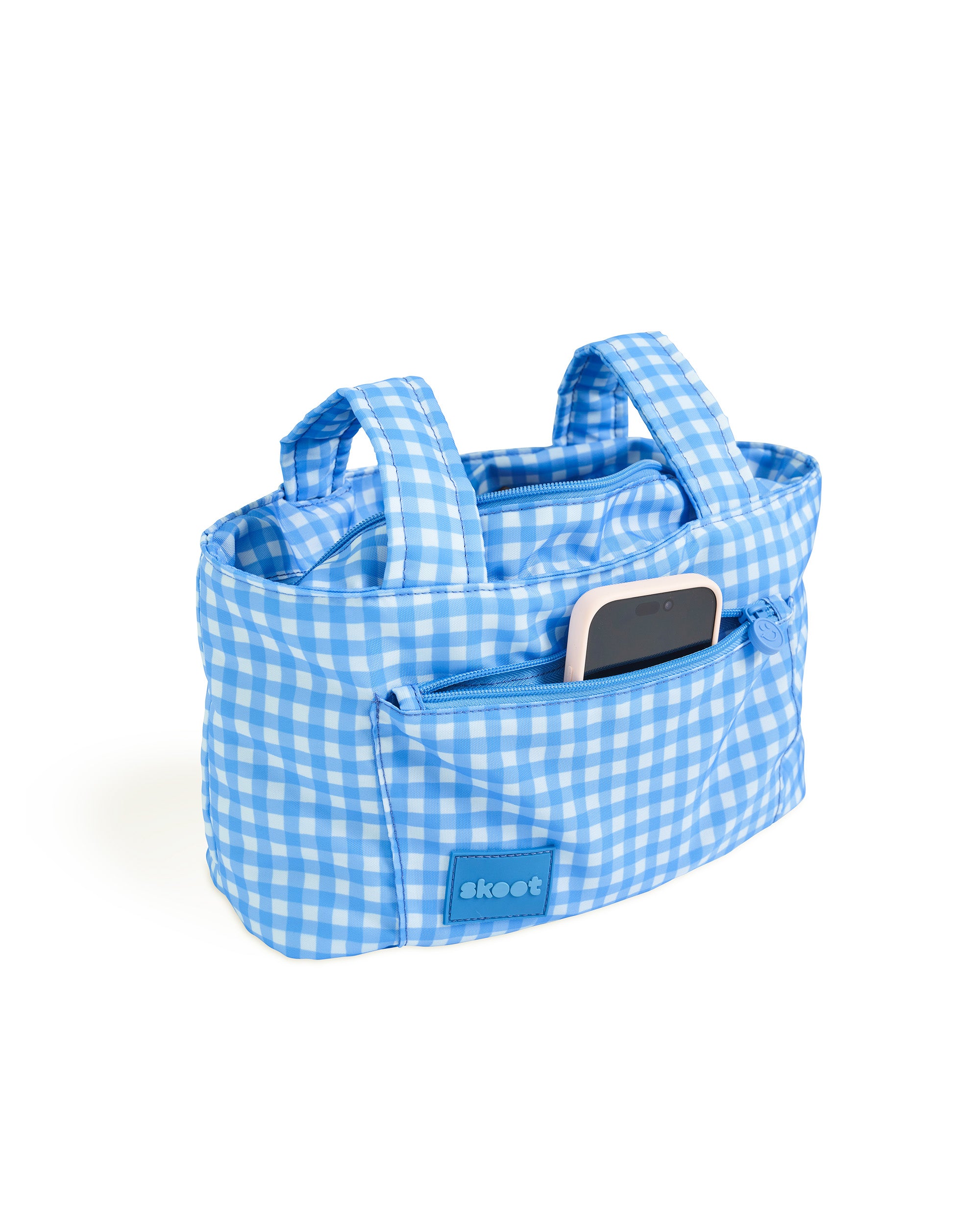 blue gingham skoot stroller caddy full front shot unzipped