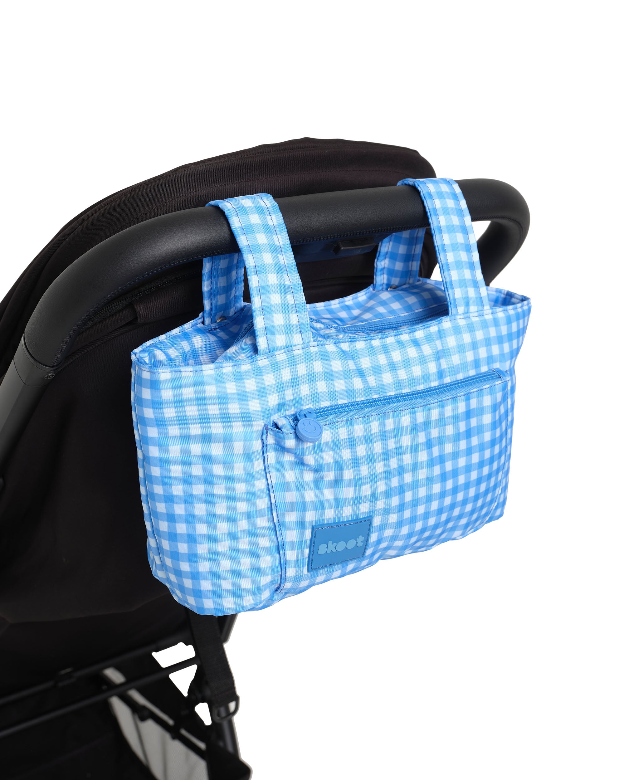 blue gingham skoot stroller caddy attached to a stroller