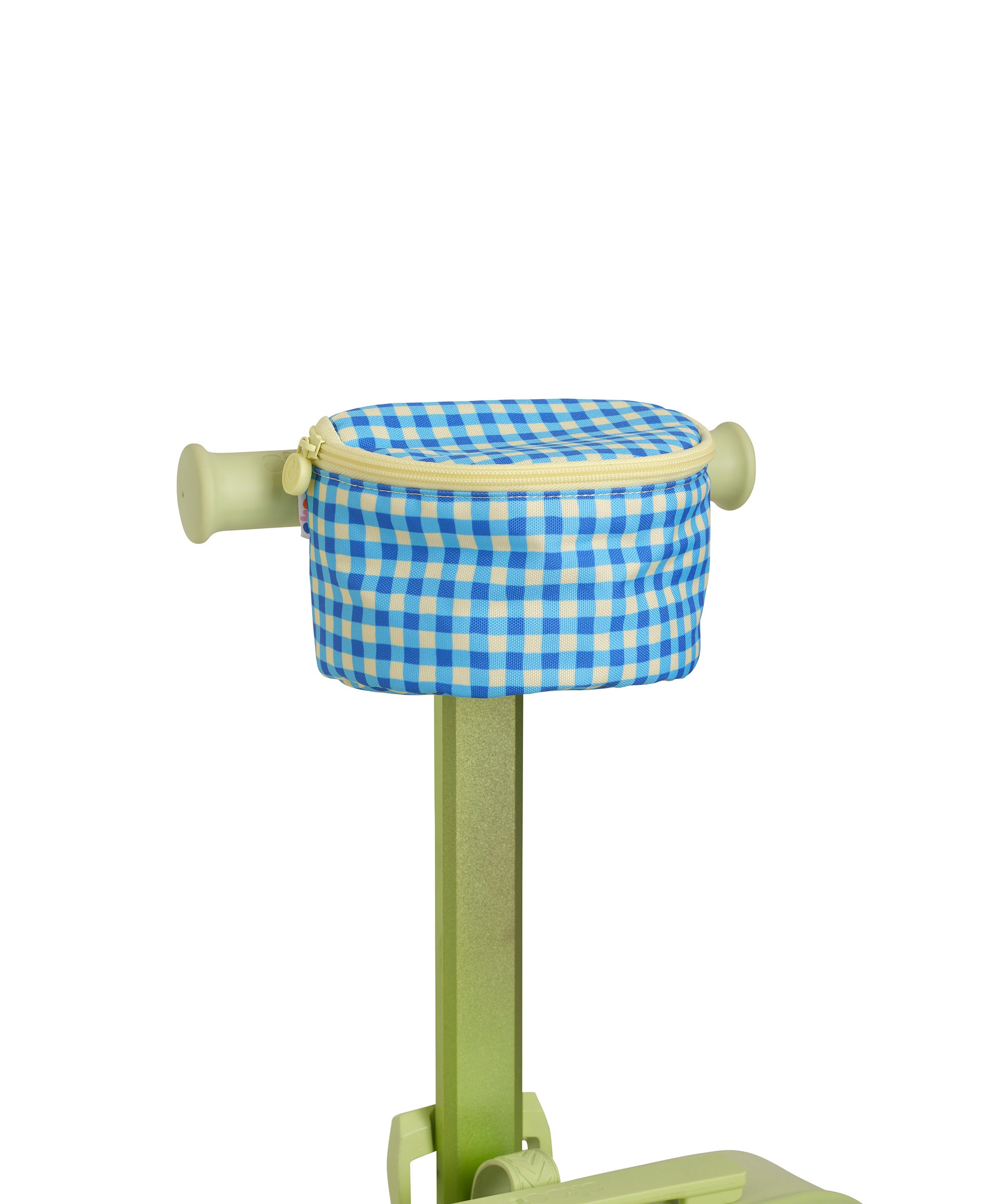 blue green gingham skootcase scooter zip pouch attachment zipped up