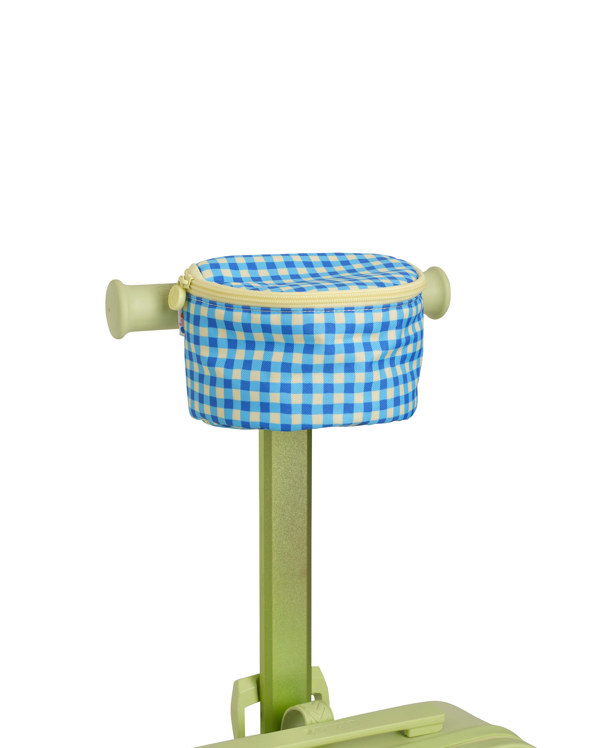 blue green gingham skootcase scooter zip pouch attachment zipped up