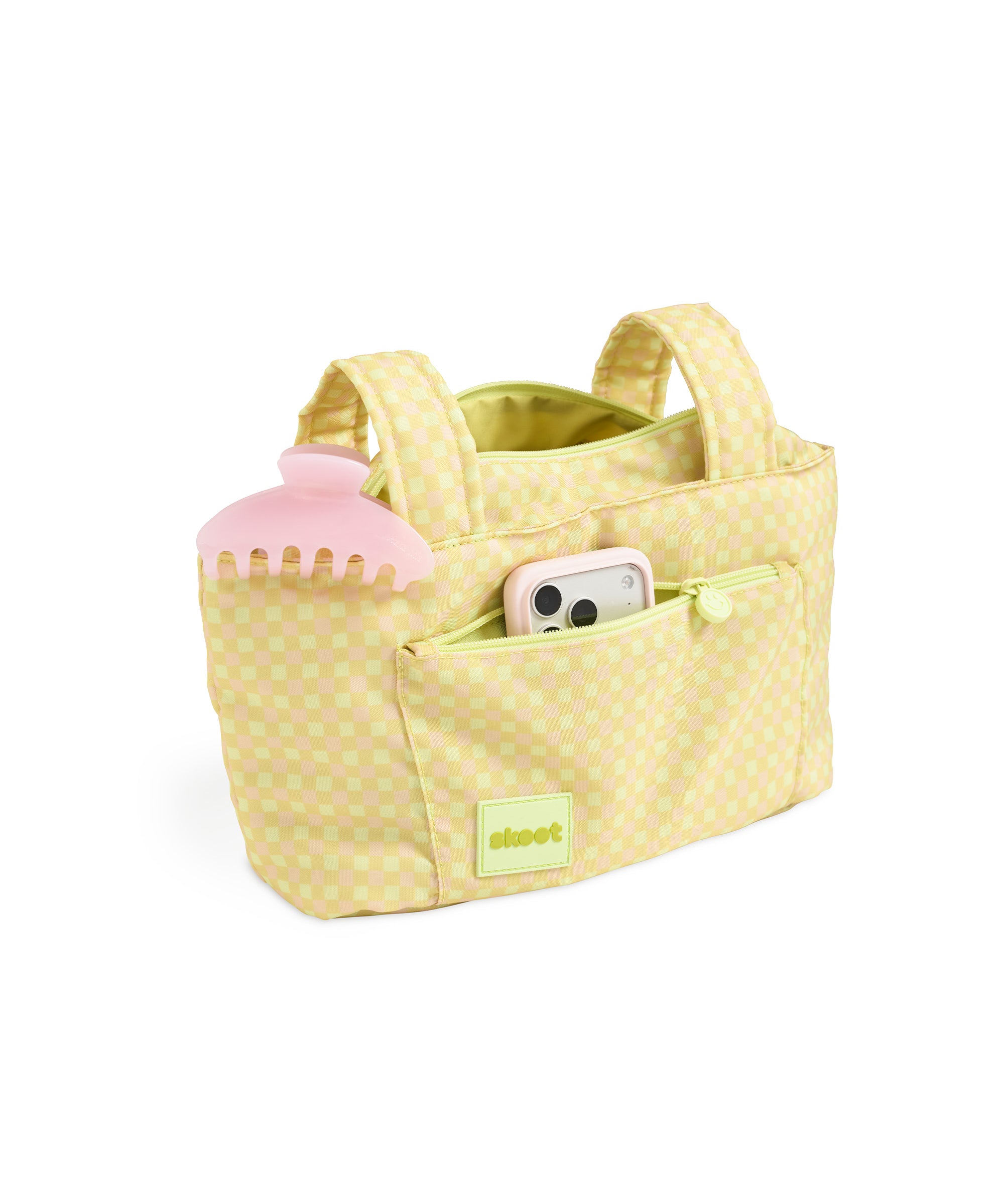 green gingham skoot stroller caddy full front shot unzipped
