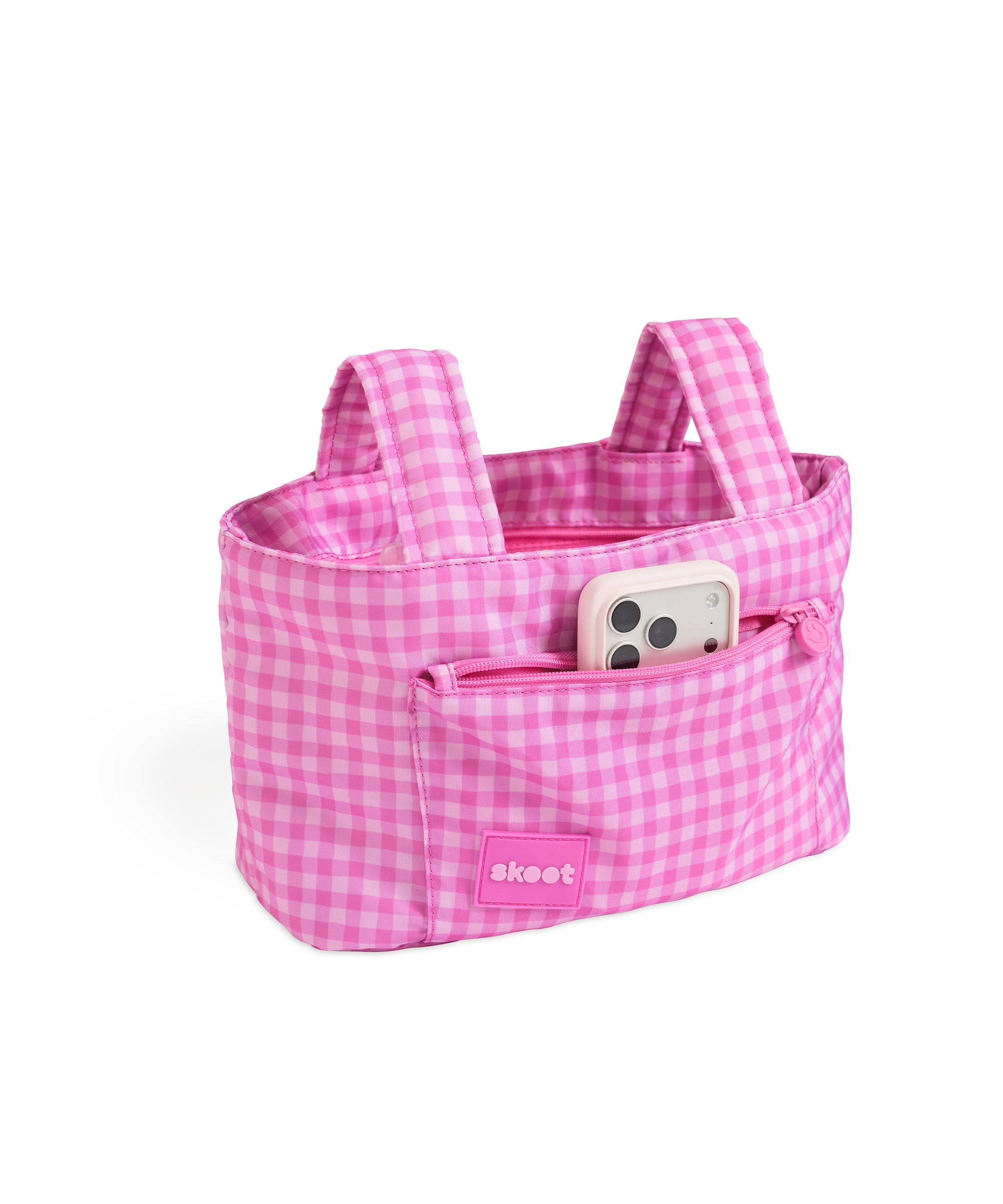 pink gingham skoot stroller caddy full front shot unzipped