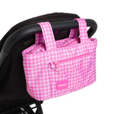 pink gingham skoot stroller caddy attached to a stroller