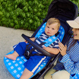 little boy on skoot blue gingham stroller liner