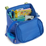skoot jet blue kids backpack outside unzipped filled up with kids toys