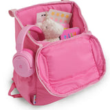 skoot pop pink kids backpack outside unzipped filled up with kids toys