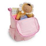 puff Pink skoot toddler backpack with a doll inside on a white background