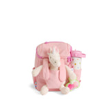 skoot puff pink toddler backpack with teddy bear and water bottle packed