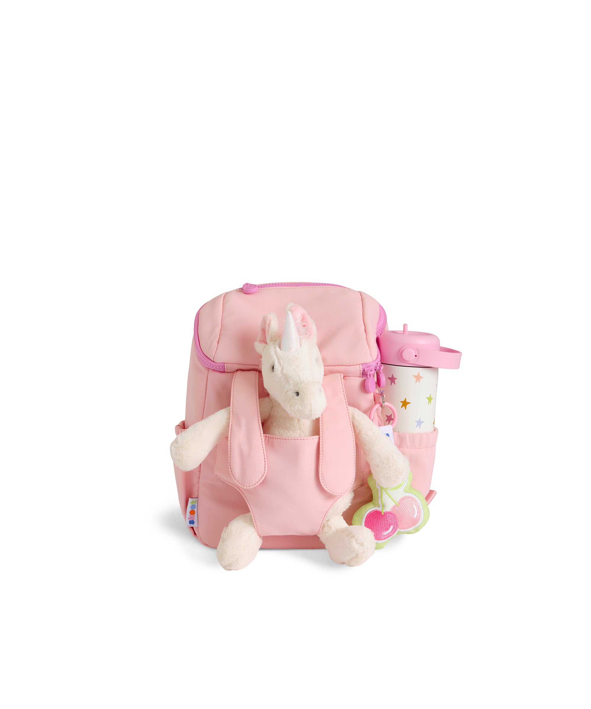 skoot puff pink toddler backpack with teddy bear and water bottle packed