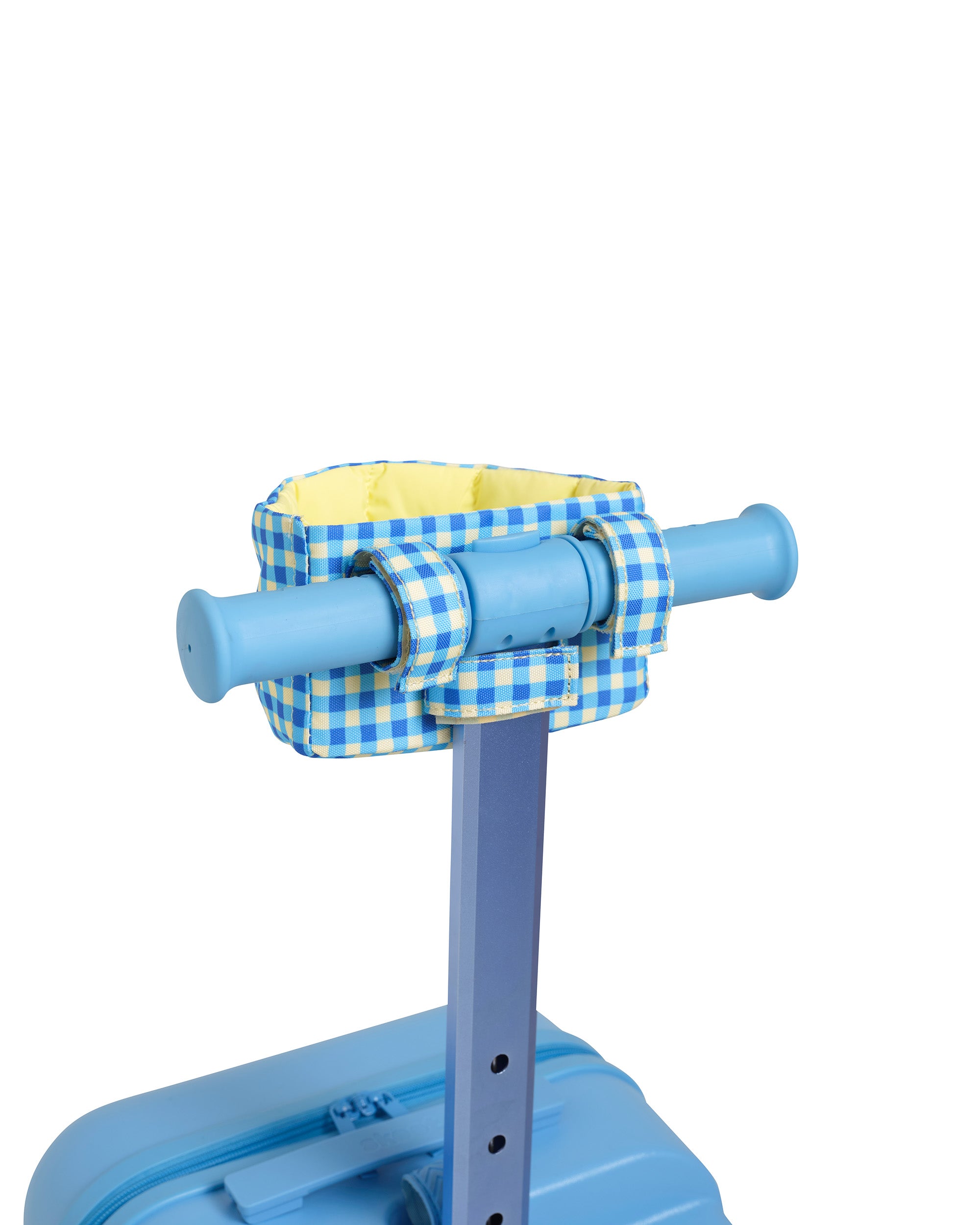blue green gingham pattern skoot skootcase doll carrier back handlebar attachment