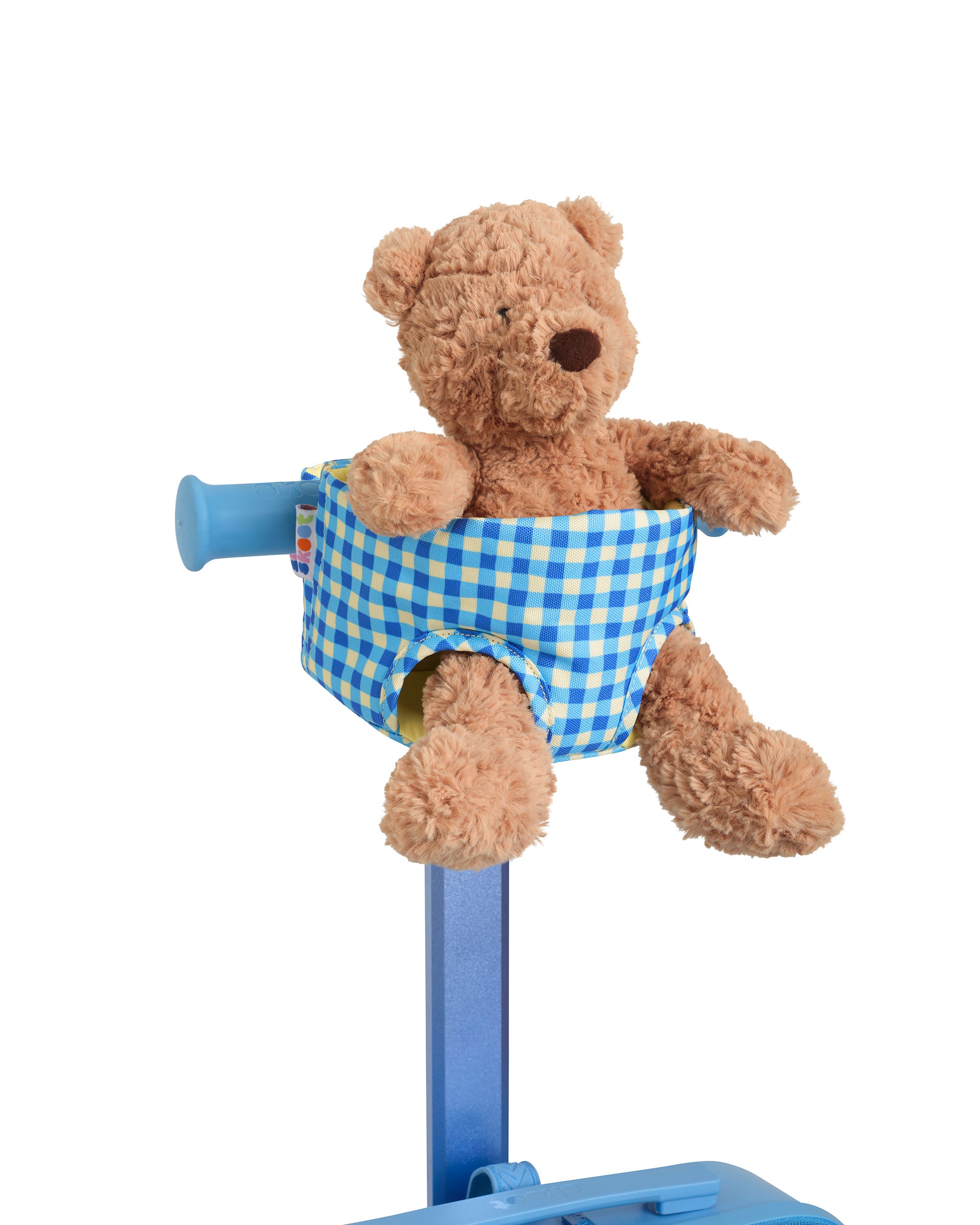 blue green gingham skoot skootcase doll carrier front shot with stuffed animal