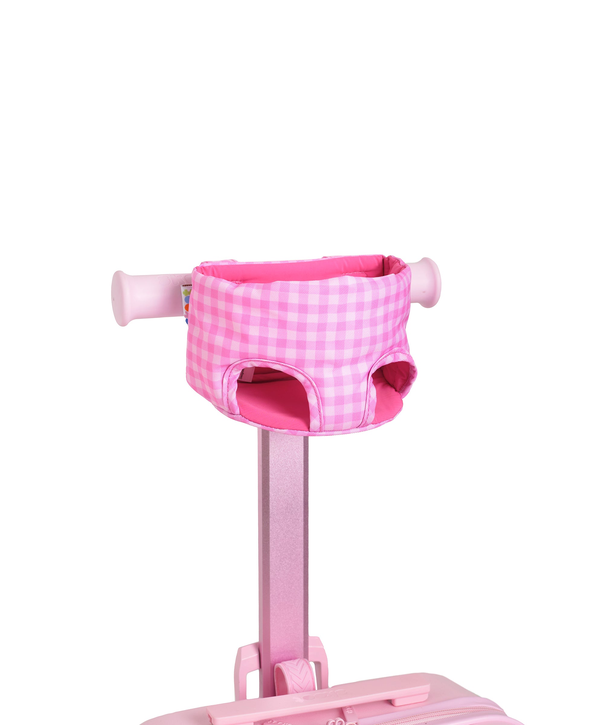 pink gingham pattern skoot skootcase doll carrier front shot